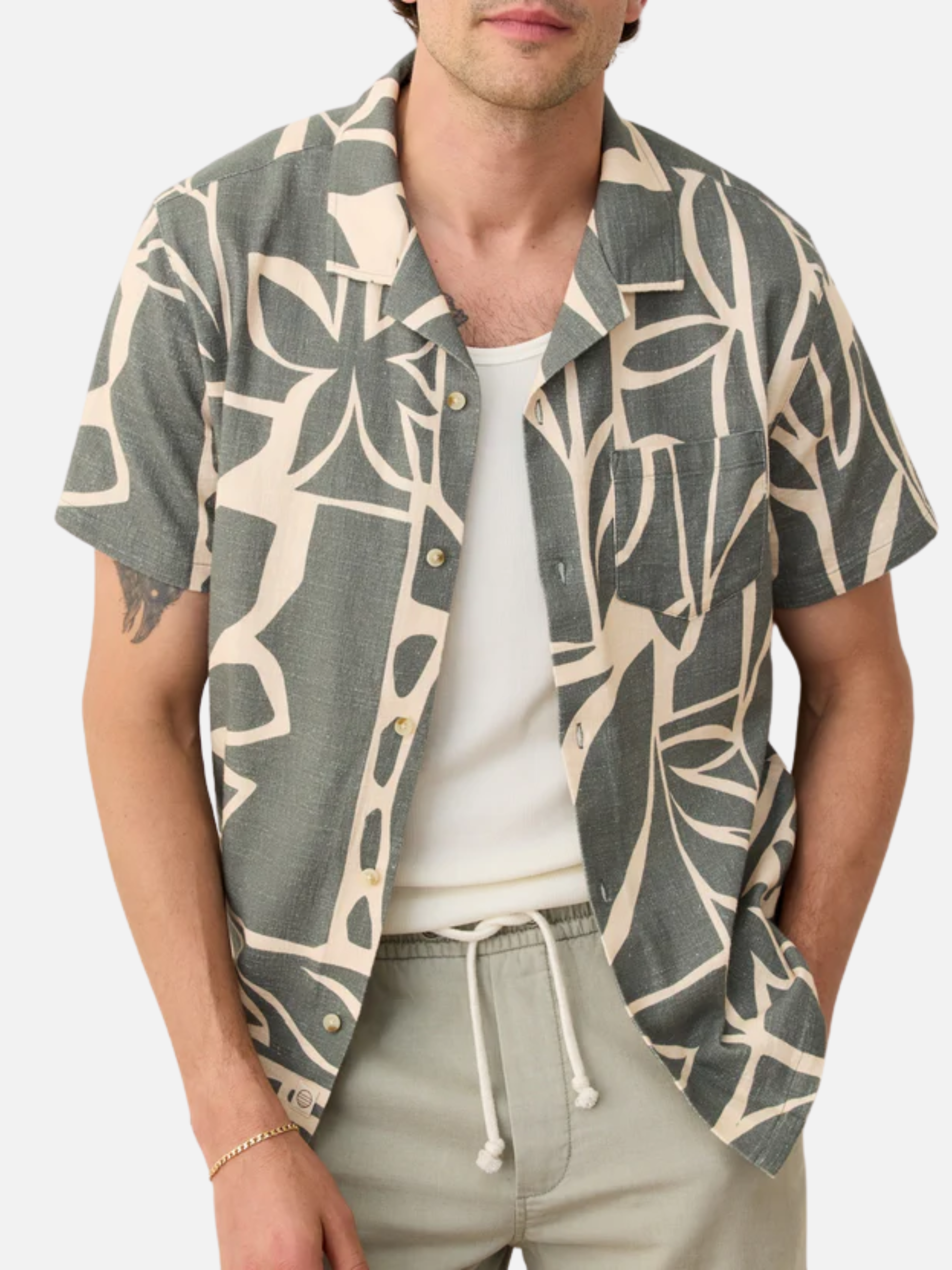 Marine Layer Stretch Selvage Resort SS Short Sleeve Men’s Shirt Shirts Top Tops for Men Summer Olive Green Abstract Palm Print Athens GA Georgia Kempt Menswear Store Near Me