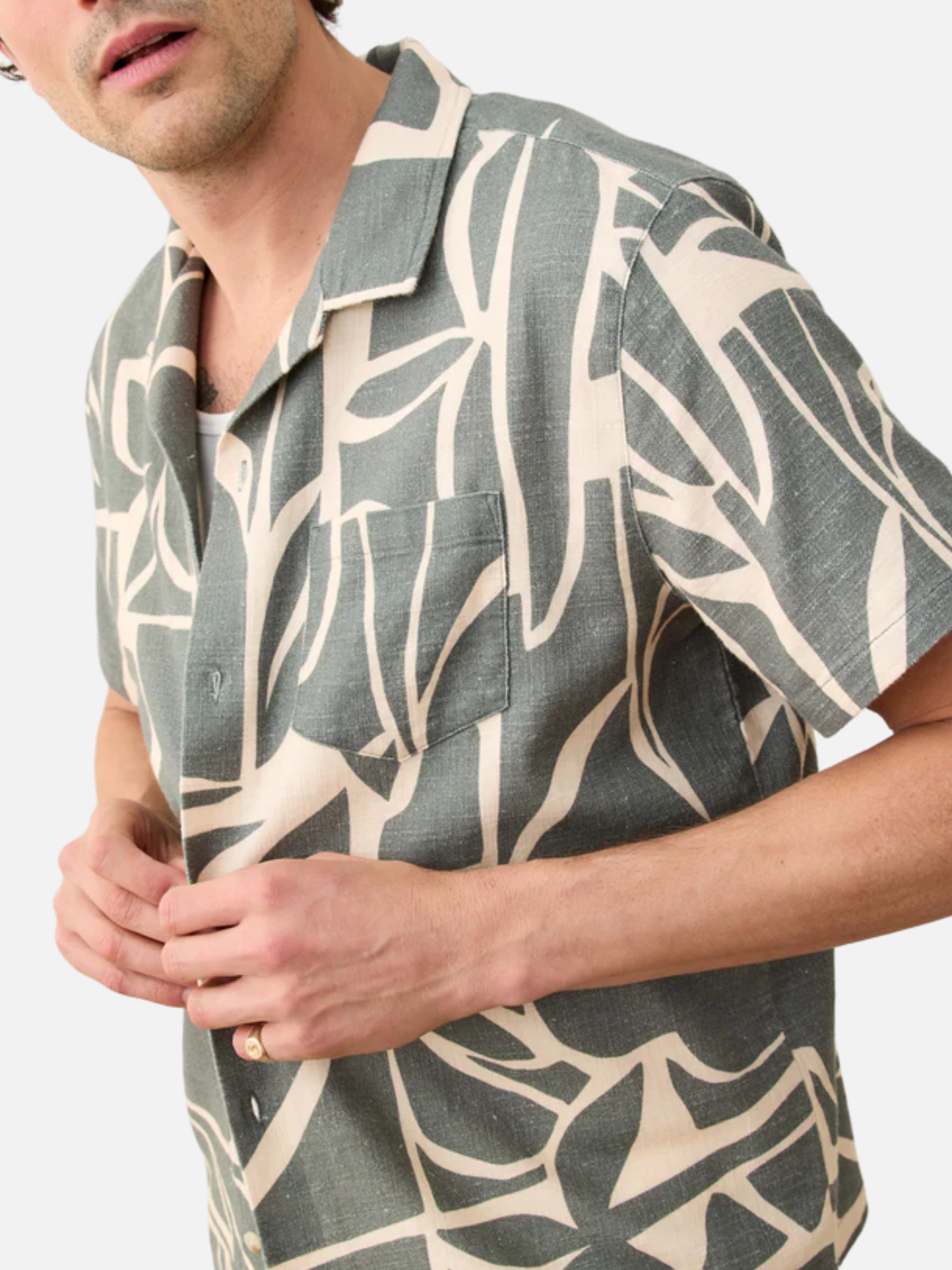Marine Layer Stretch Selvage Resort SS Short Sleeve Men’s Shirt Shirts Top Tops for Men Summer Olive Green Abstract Palm Print Athens GA Georgia Kempt Menswear Store Near Me