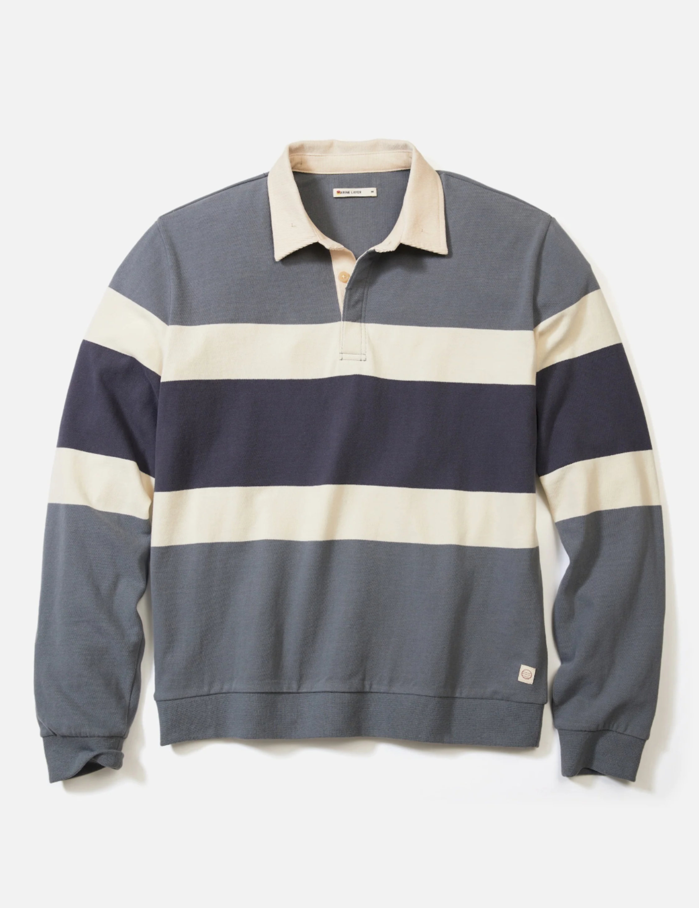 Marine Layer Sueded Rugby Polo Men’s Tops for Men Long Sleeve LS Collared Shirt Stormy Weather Colorblock Stripe Blue Gray Athens GA Georgia Kempt Menswear Store Near Me
