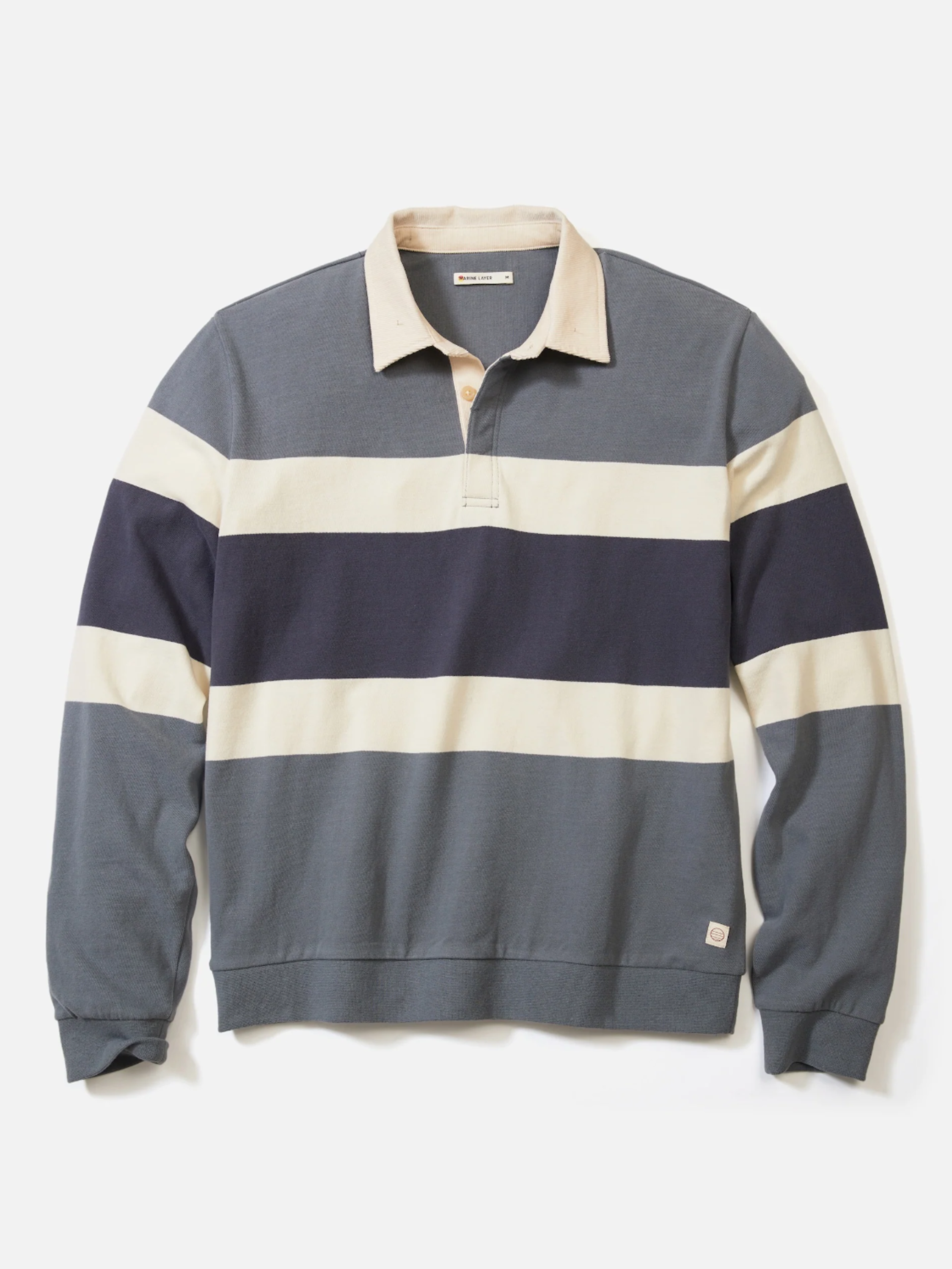 Marine Layer Sueded Rugby Polo Men’s Tops for Men Long Sleeve LS Collared Shirt Stormy Weather Colorblock Stripe Blue Gray Athens GA Georgia Kempt Menswear Store Near Me