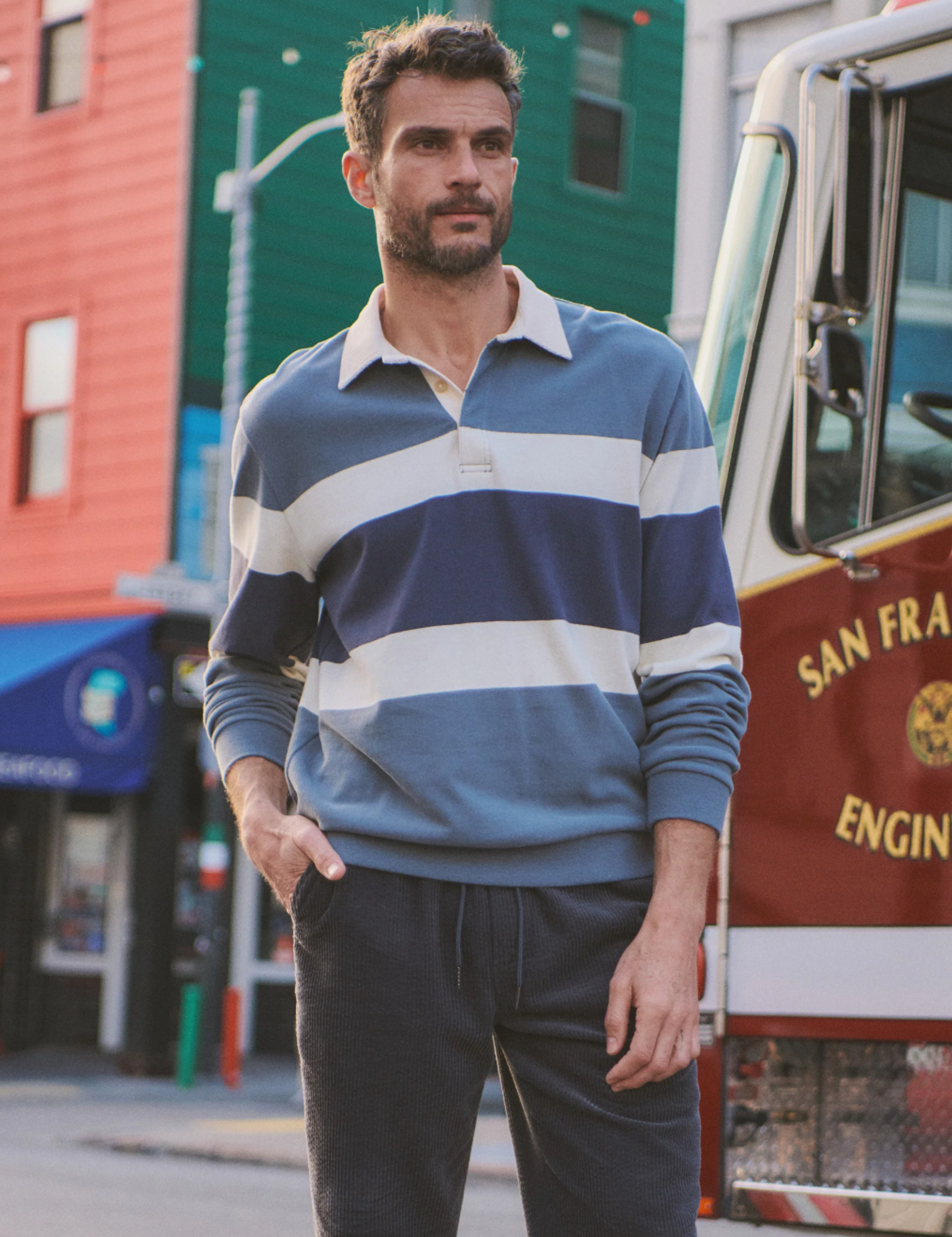 Marine Layer Sueded Rugby Polo Men’s Tops for Men Long Sleeve LS Collared Shirt Stormy Weather Colorblock Stripe Blue Gray Athens GA Georgia Kempt Menswear Store Near Me
