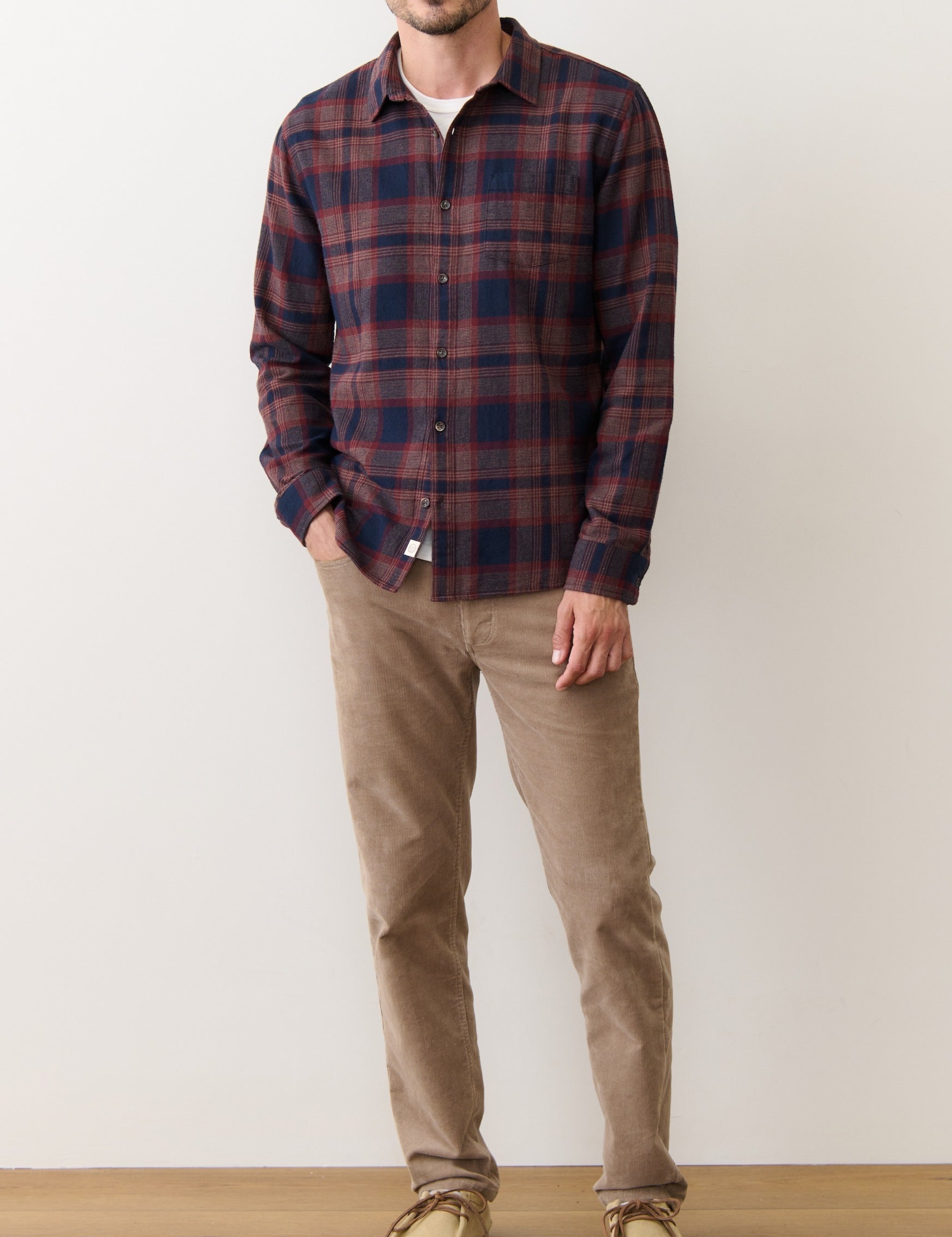 Marine Layer Tahoe Flannel Shirt Soft Long Sleeve Collared Button Up Pattern Fall Winter Men’s LS Tops for Men Nay Burgundy Plaid Athens GA Georgia Kempt Menswear Store Near Me