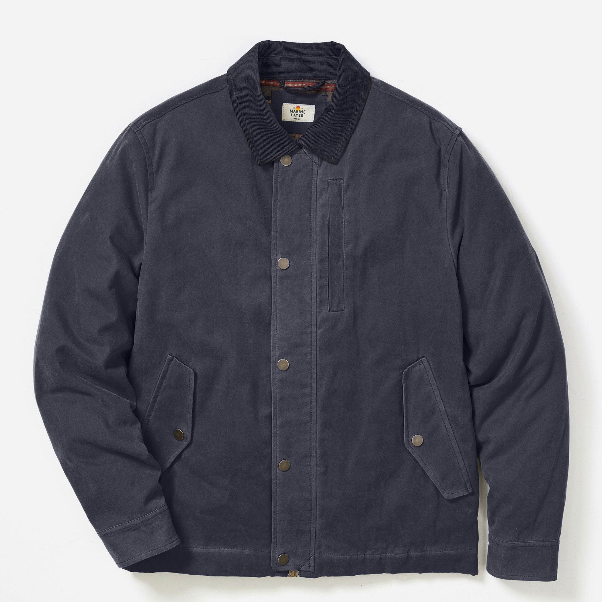 Marine Layer Weston Wax Canvas Barn Jacket Faded Navy Flannel Lining Worn In Outerwear Men’s Jackets for Men Tops Fall Winter Blue Athens GA Georgia Kempt Menswear Store Near Me