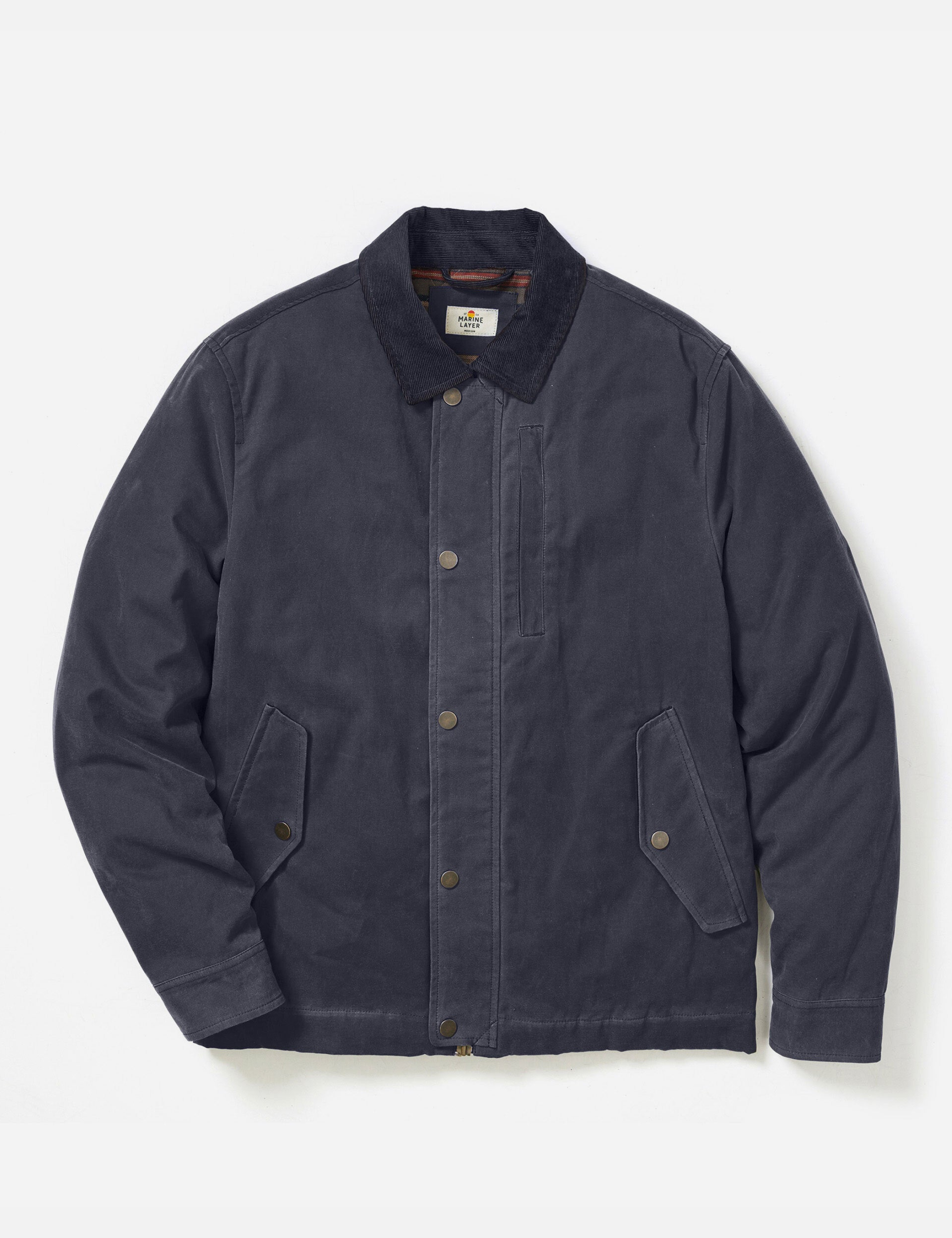 Marine Layer Weston Wax Canvas Barn Jacket Faded Navy Flannel Lining Worn In Outerwear Men’s Jackets for Men Tops Fall Winter Blue Athens GA Georgia Kempt Menswear Store Near Me