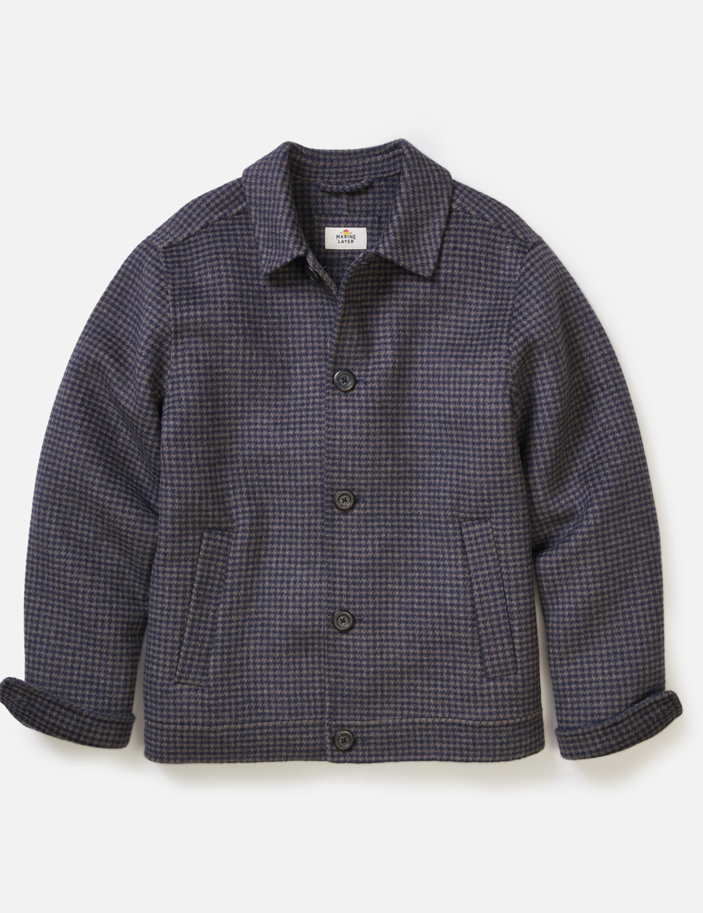 Marine Layer Luca Wool Jacket Navy Taupe Houndstooth Pattern Double Wool Buttons Front Pockets Outerwear for Men Athens GA Georgia Kempt Menswear Store Near Me