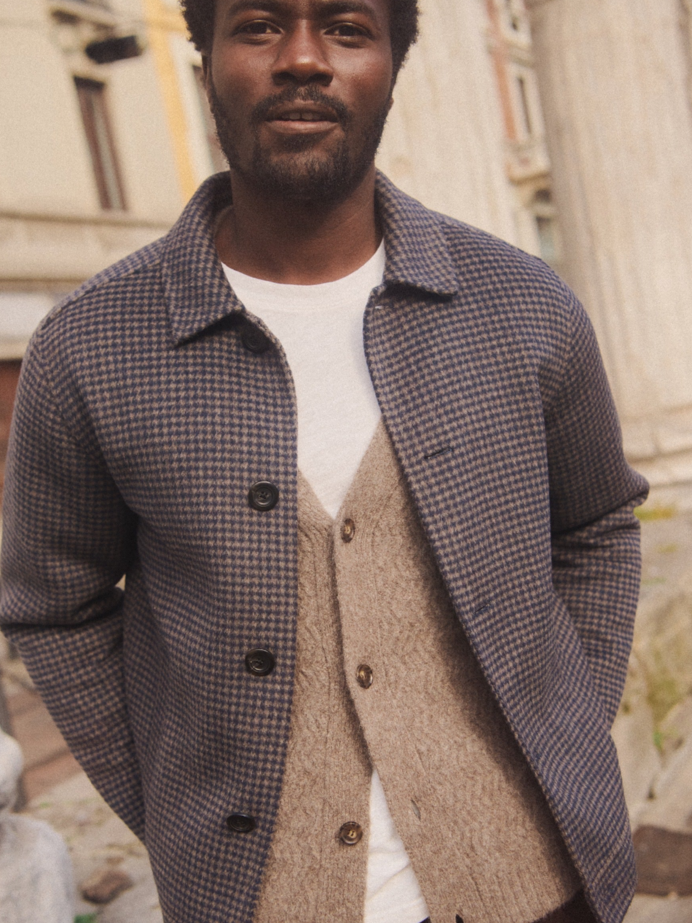 Marine Layer Luca Wool Jacket Navy Taupe Houndstooth Pattern Double Wool Buttons Front Pockets Outerwear for Men Athens GA Georgia Kempt Menswear Store Near Me