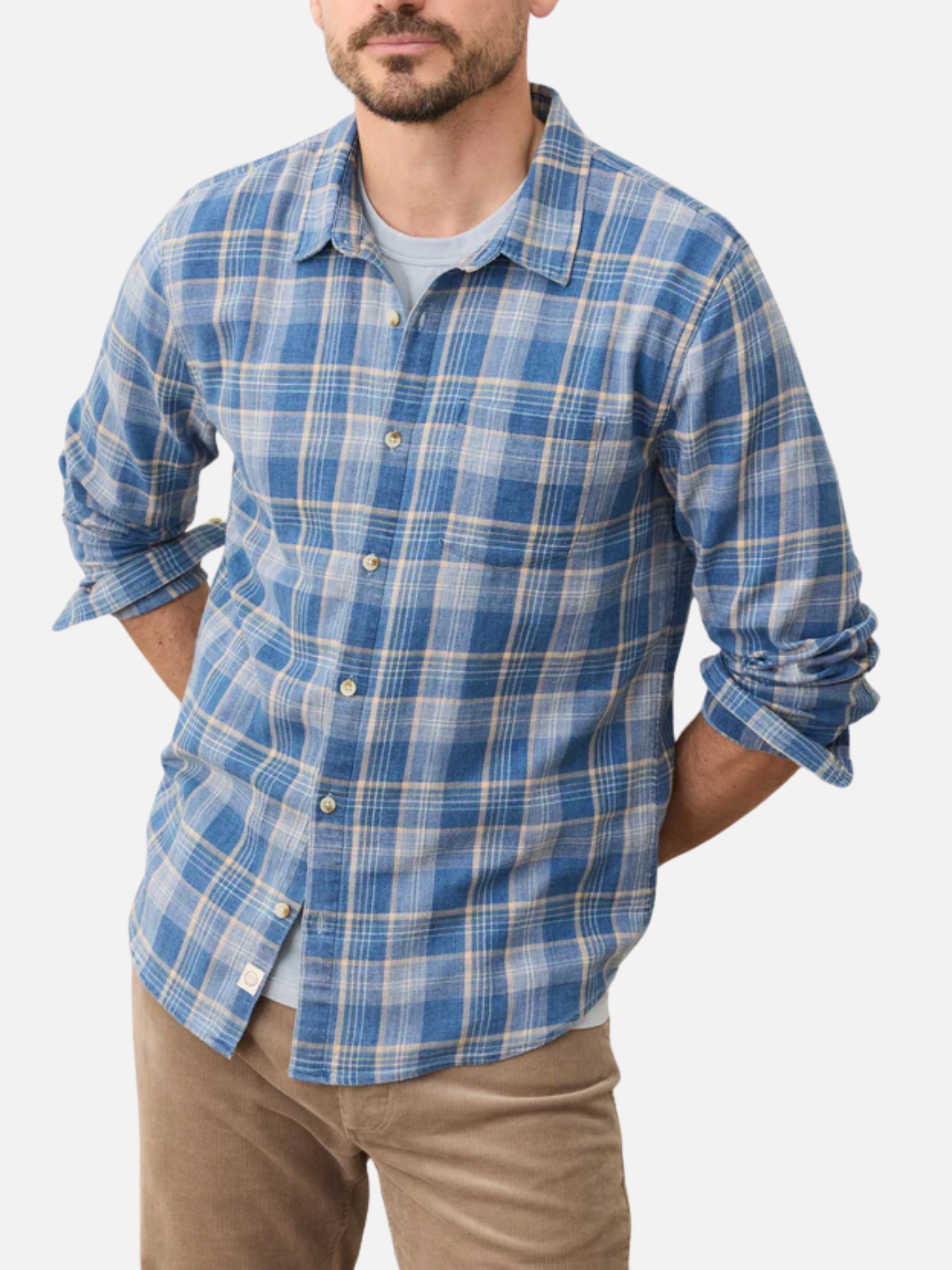 Marine Layer Classic Stretch Selvage LS Long Sleeve Shirt Blue Indigo Plaid Men's Collared Casual Button Up For Men Athens GA Georgia Kempt Menswear Store Near me