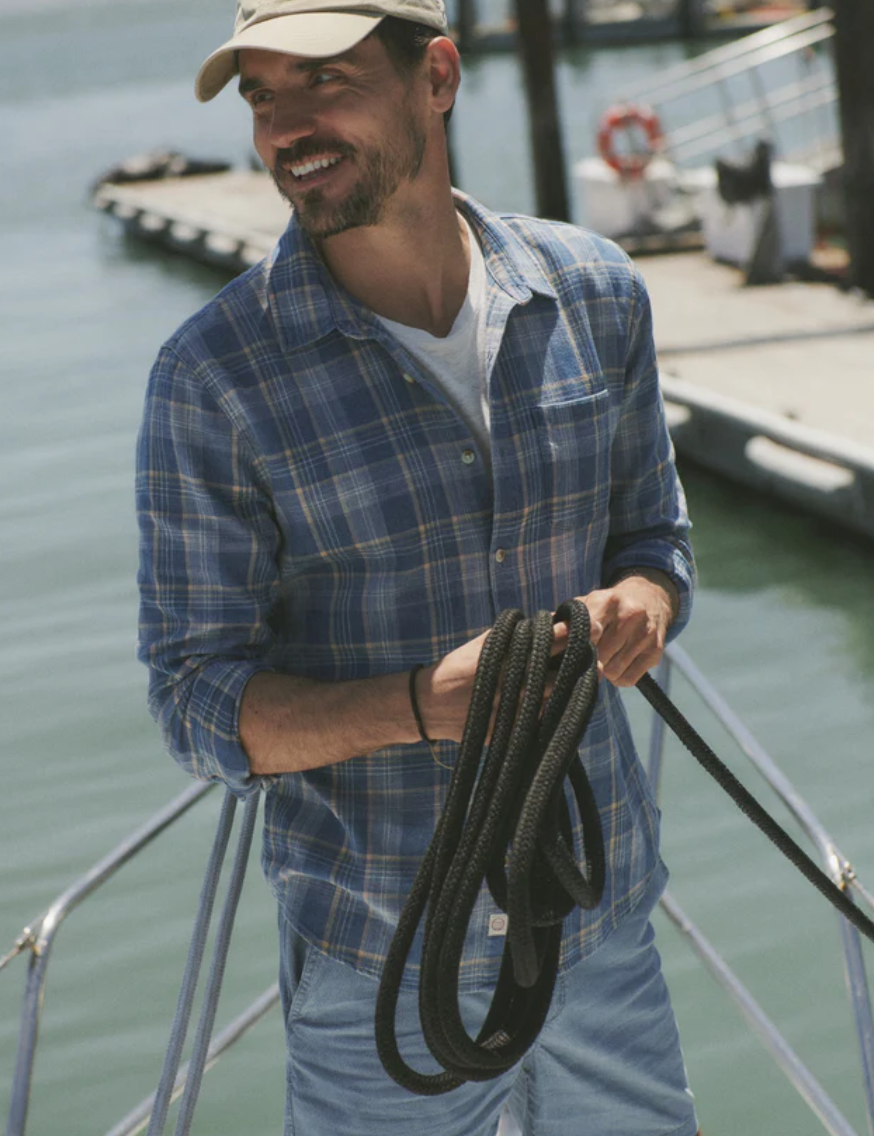 Marine Layer Classic Stretch Selvage LS Long Sleeve Shirt Blue Indigo Plaid Men's Collared Casual Button Up For Men Athens GA Georgia Kempt Menswear Store Near me