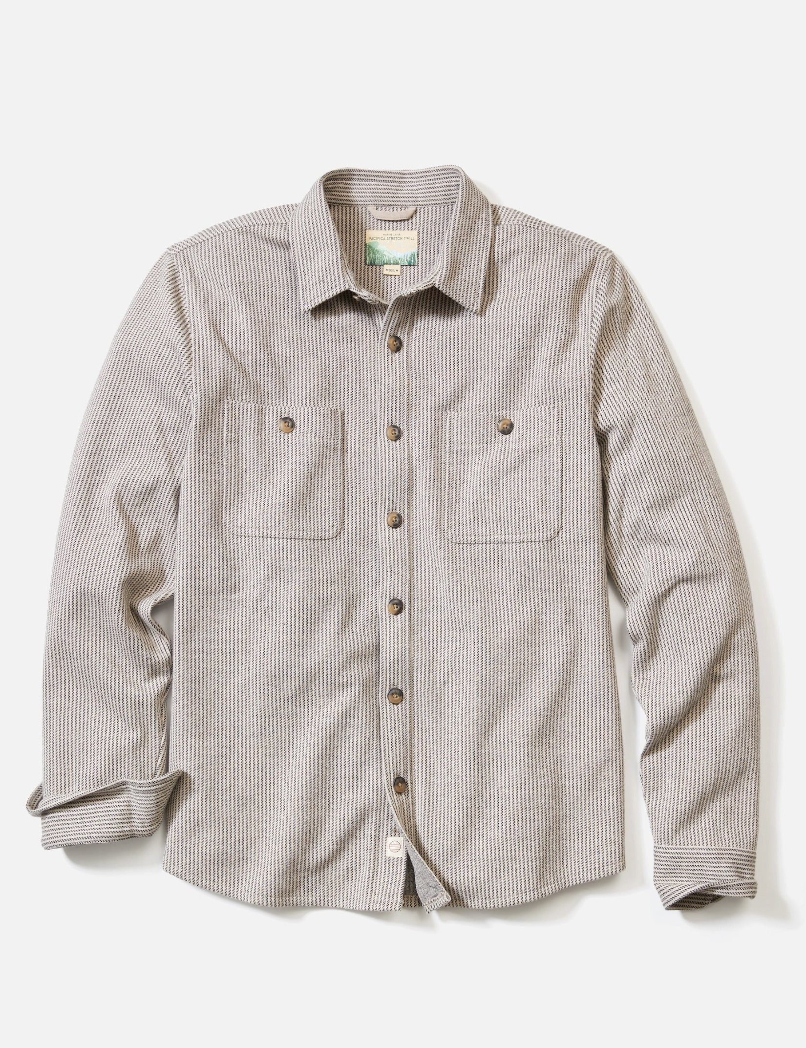 Marine Layer Pacifica Stretch Twill Overshirt Grey Railroad Stripe Shirt Jacket Kempt Mens Shop Athens Atlanta Georgia