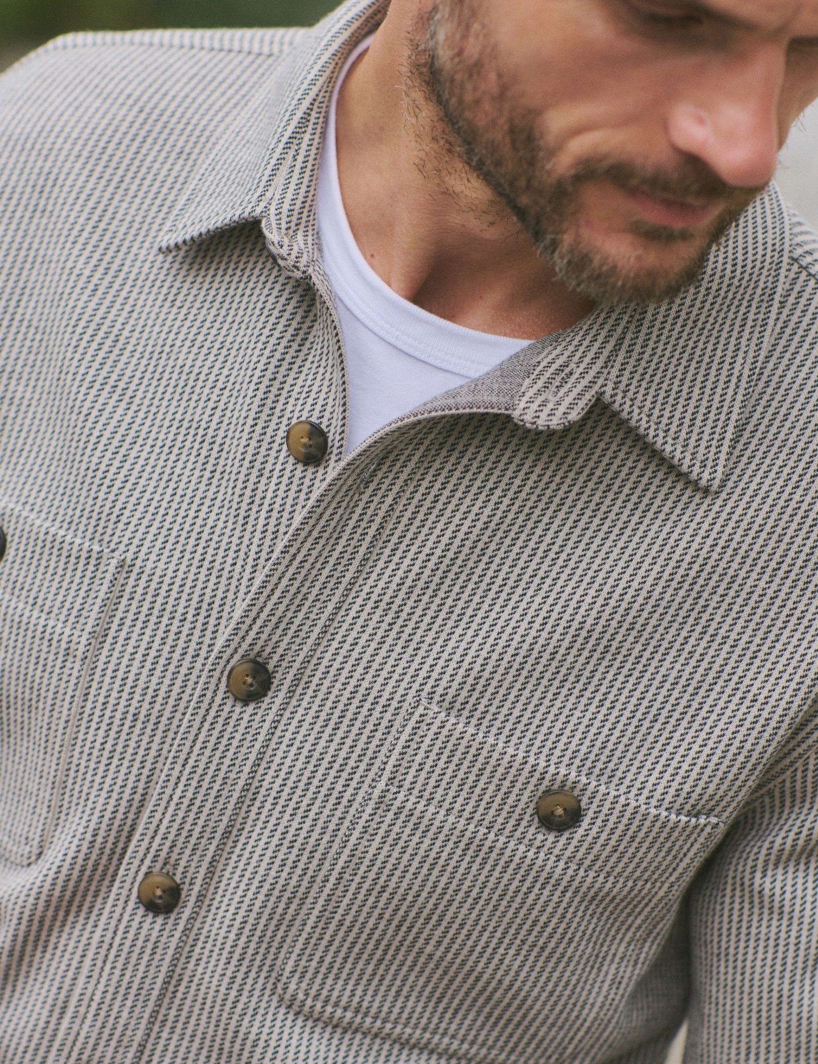 Marine Layer Pacifica Stretch Twill Overshirt Grey Railroad Stripe Shirt Jacket Kempt Mens Shop Athens Atlanta Georgia