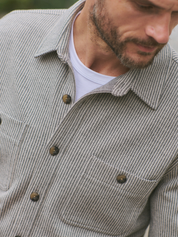 Marine Layer Pacifica Stretch Twill Overshirt Grey Railroad Stripe Shirt Jacket Kempt Mens Shop Athens Atlanta Georgia