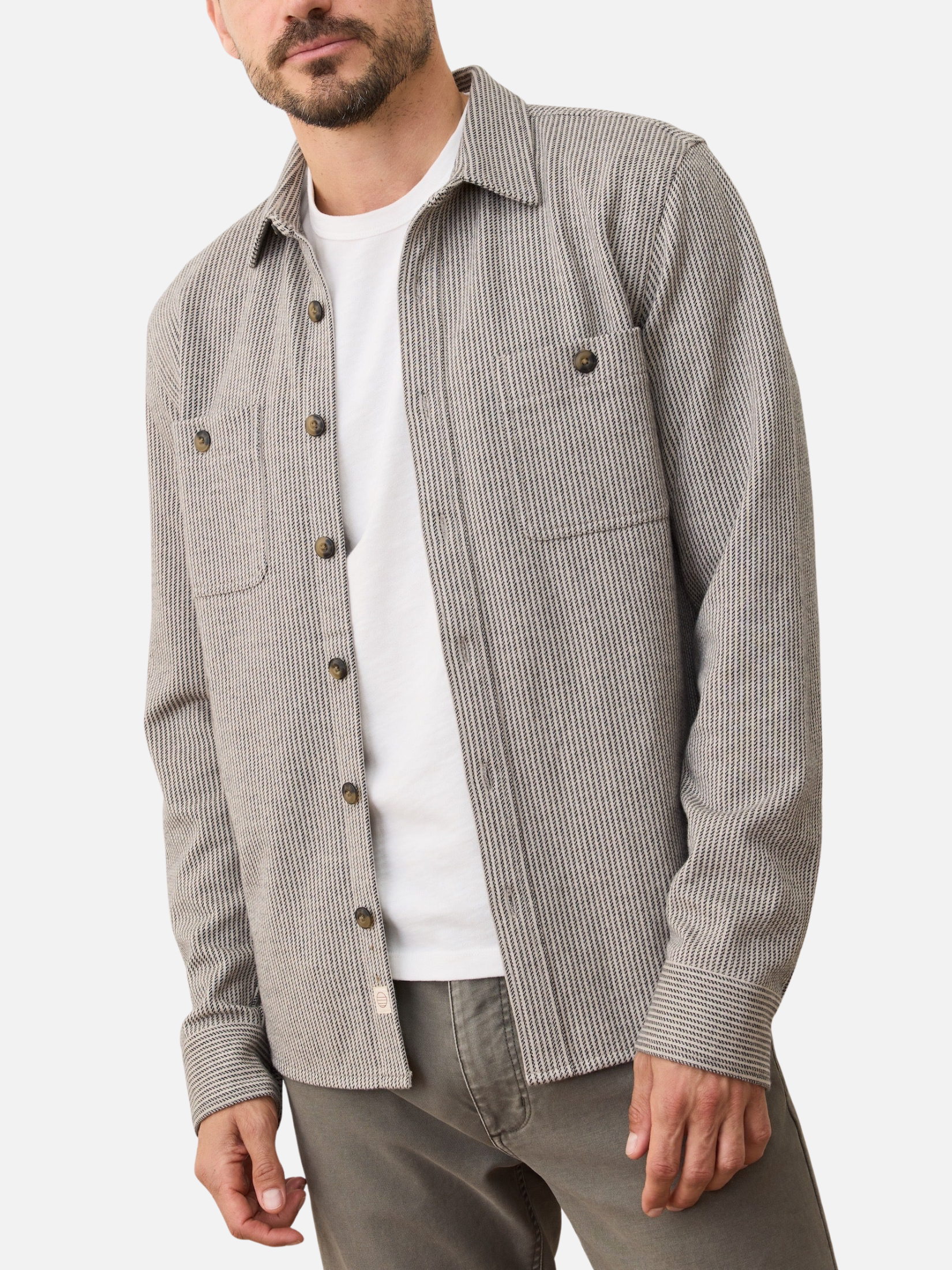 Marine Layer Pacifica Stretch Twill Overshirt Grey Railroad Stripe Shirt Jacket Kempt Mens Shop Athens Atlanta Georgia
