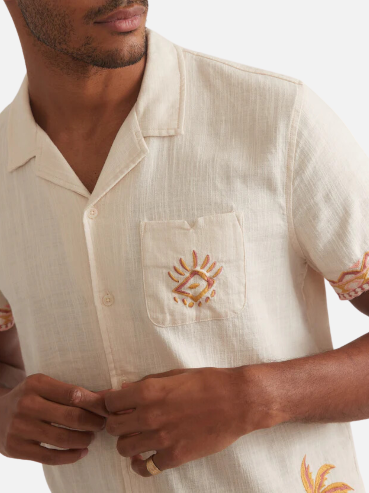 marine layer embroidered resort stretch selvage shirt natural coral cream white orange yellow pink camp cuban collar ss short sleeve button up kempt athens ga georgia men's clothing store