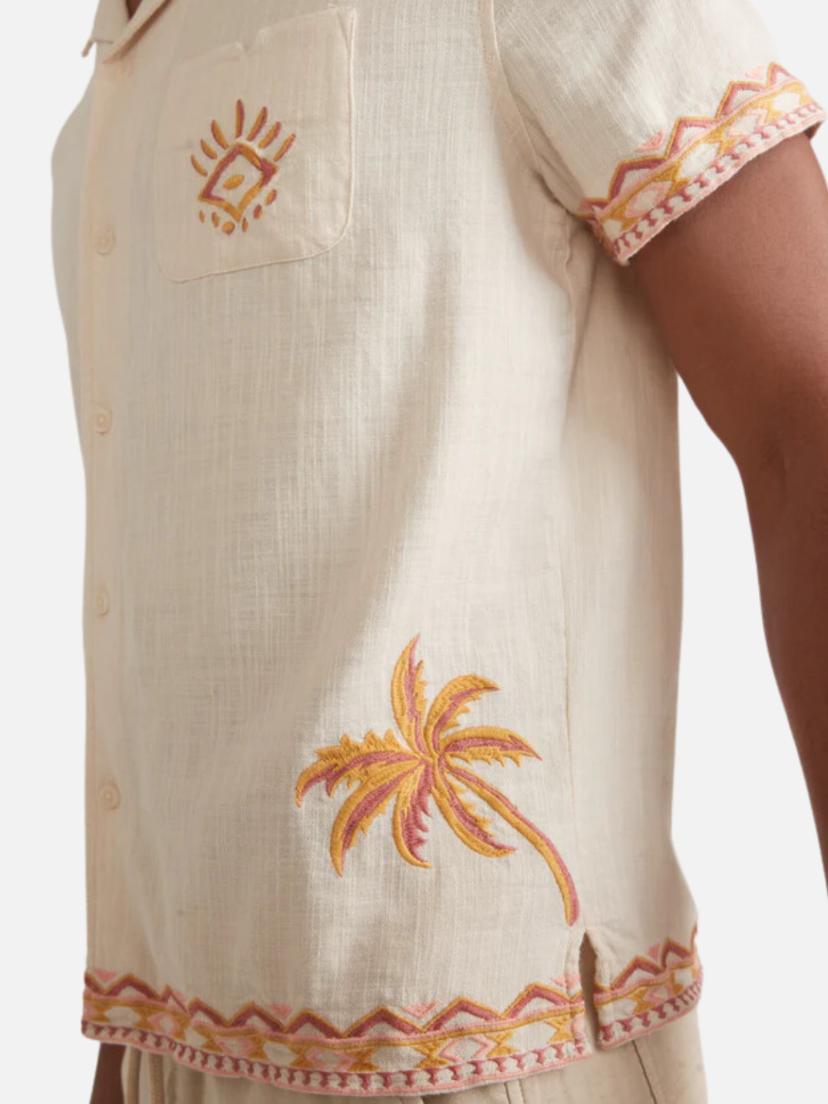 marine layer embroidered resort stretch selvage shirt natural coral cream white orange yellow pink camp cuban collar ss short sleeve button up kempt athens ga georgia men's clothing store