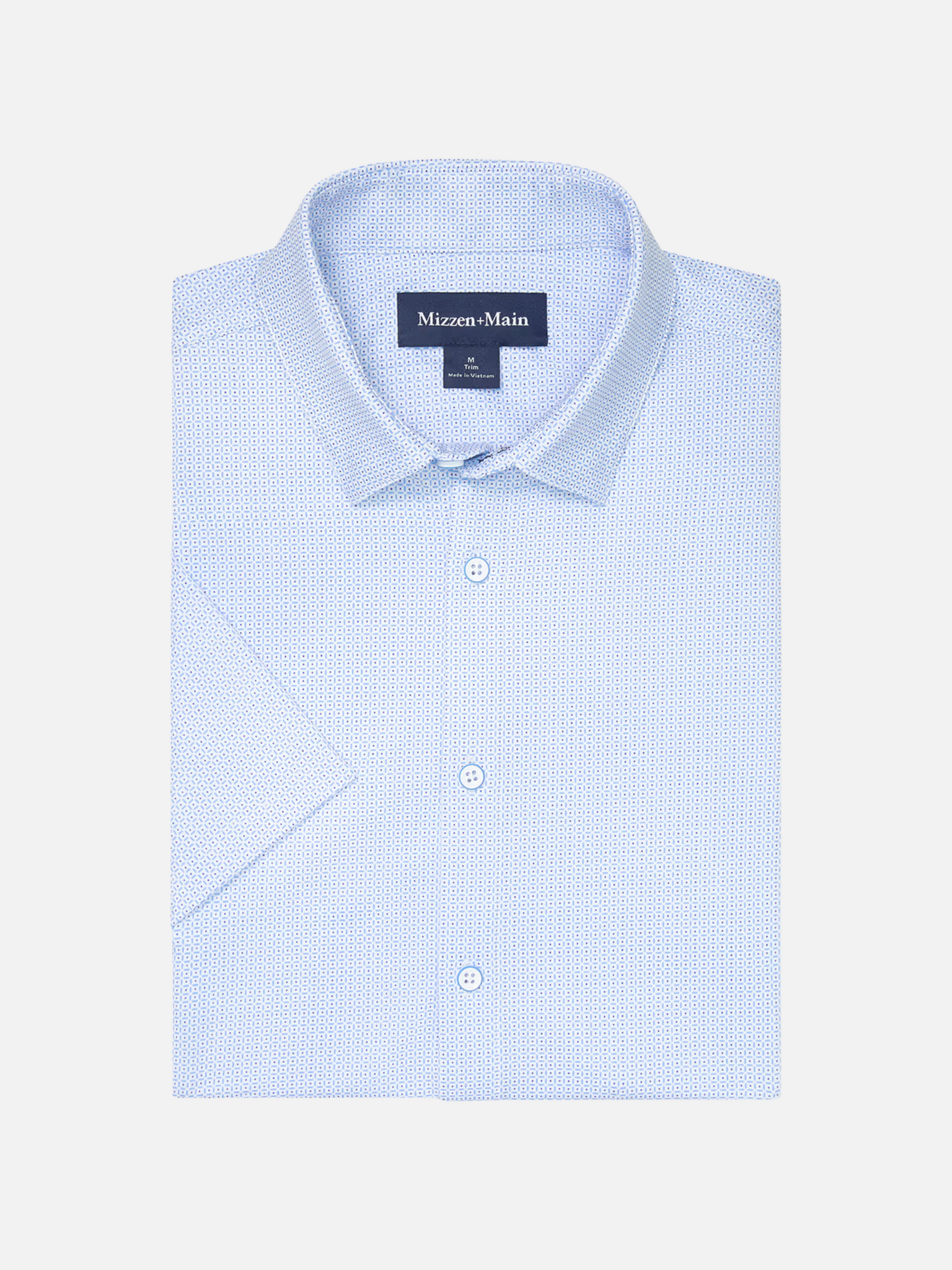 Mizzen + Main Halyard SS Short Sleeve Dress Shirt Collared Button Up Men’s Top for Men Work Semi-Formal Attire White Grid Dot Blue Pattern Athens GA Georgia Kempt Menswear Store Near Me Wrinkle Free Lightweight Fabric