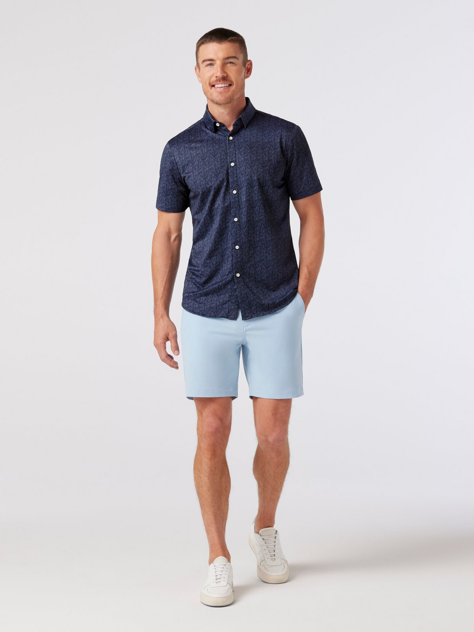 Mizzen + Main Halyard SS Dress Shirt Short Sleeve Men’s Tops for Men Coastal Fjord Coffee Leaves Blue Dark Navy Floral Pattern Athens GA Georgia Kempt Menswear Store Near Me