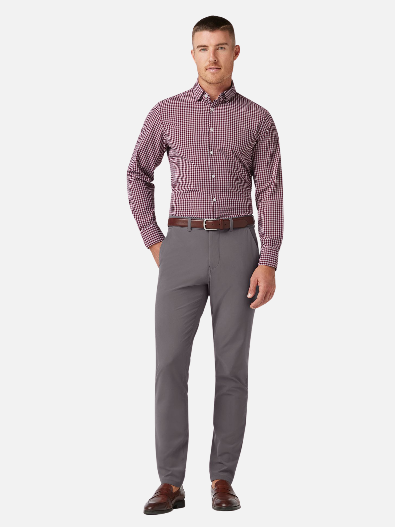 Mizzen + Main Leeward LS Long Sleeve Dress Shirt for Men Button Up Garnet Red Gingham Pattern Athens GA Georgia Kempt Menswear Store Near Me