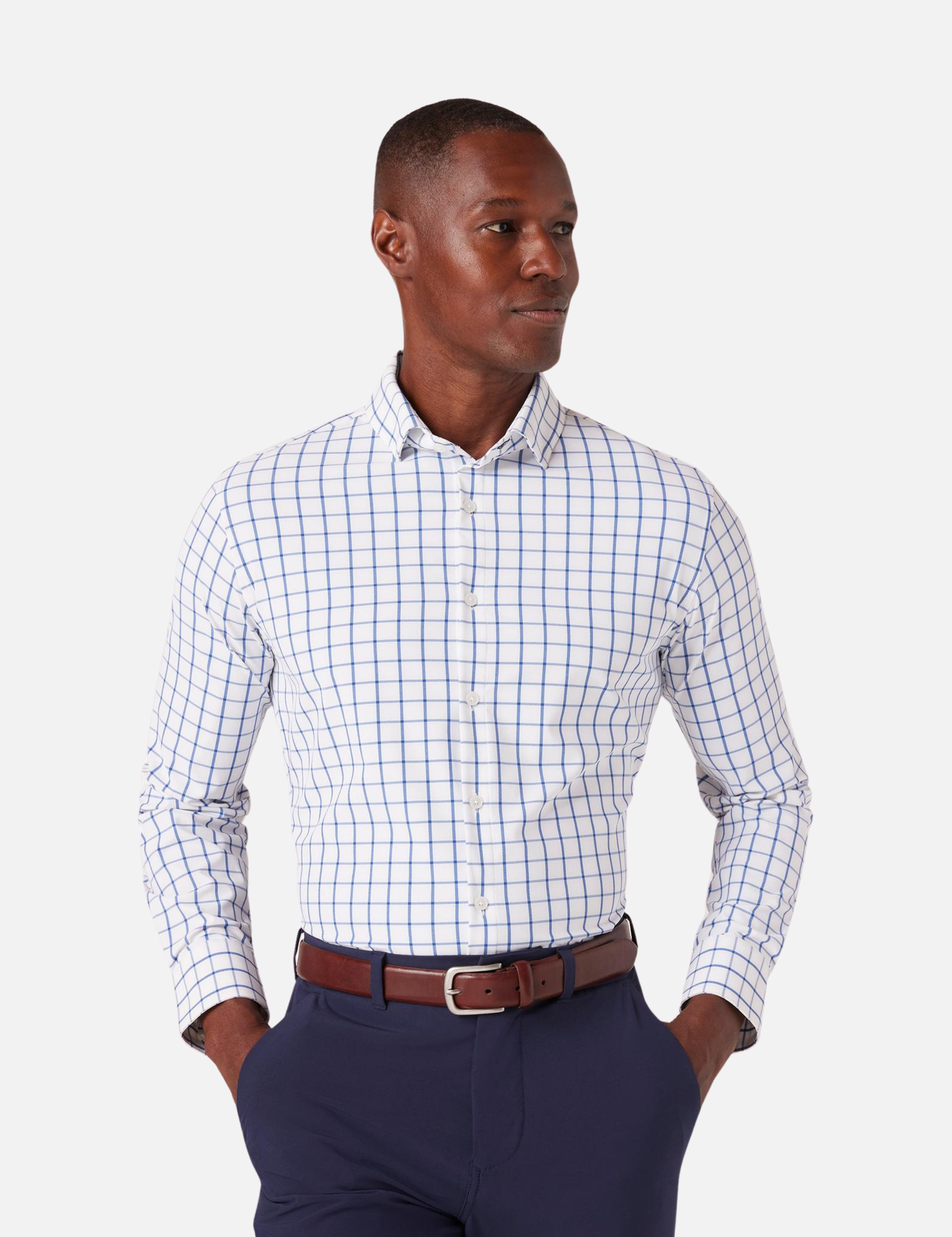 Mizzen + Main No Tuck Leeward LS Long Sleeve Dress Shirt Collared Button Down White Navy Windowpane Pattern Kempt Athens GA Georgia Menswear Store