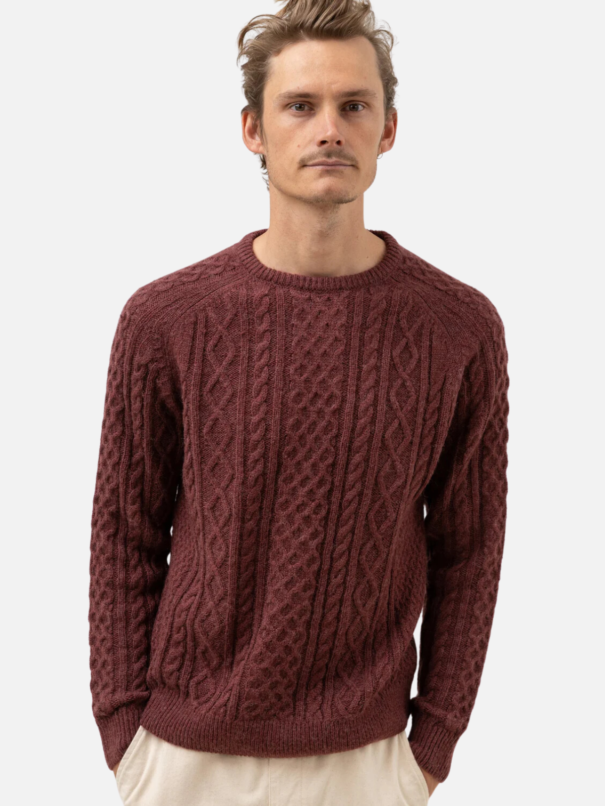 rhythm mohair fisherman cable knit sweater red maroon burgundy mulberry acrylic nylon wool kempt athens ga georgia men's clothing store