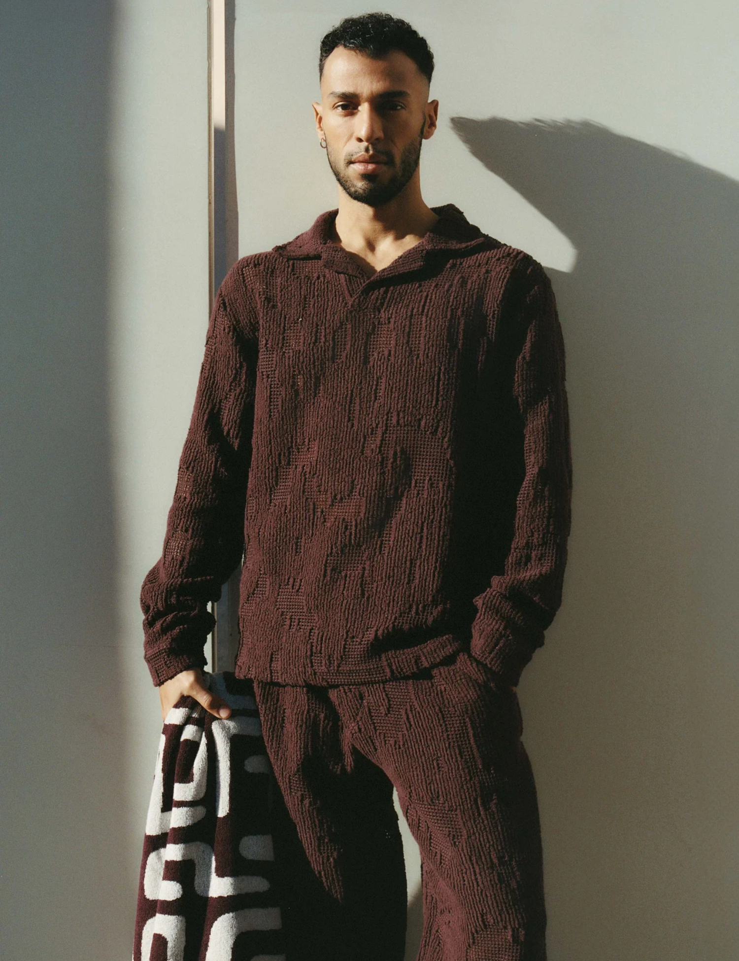 OAS Grot Crochet Long Sleeve Polo Shirt Maroon Wine Knit Texture Shirt Kempt Mens Clothing Shop Athens GA Store