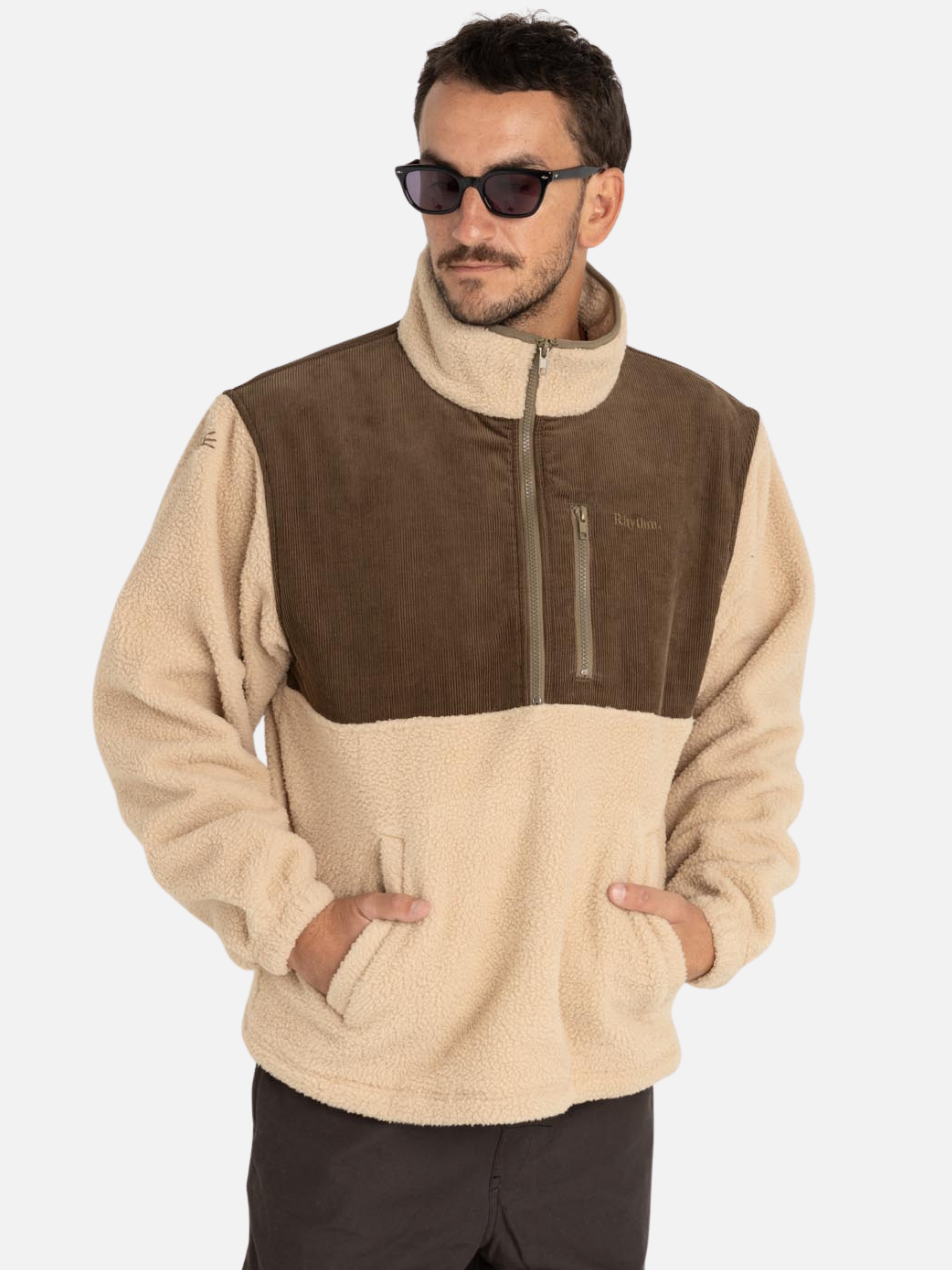 Rhythm Dune Half Zip Pullover Three Front Pockets Sherpa Fleece Texture Textured Tobacco Brown and Cream Taupe Khaki LS Long Sleeve Outerwear for Him Men’s Jackets for Men Athens GA Georgia Kempt Menswear Store Near Me