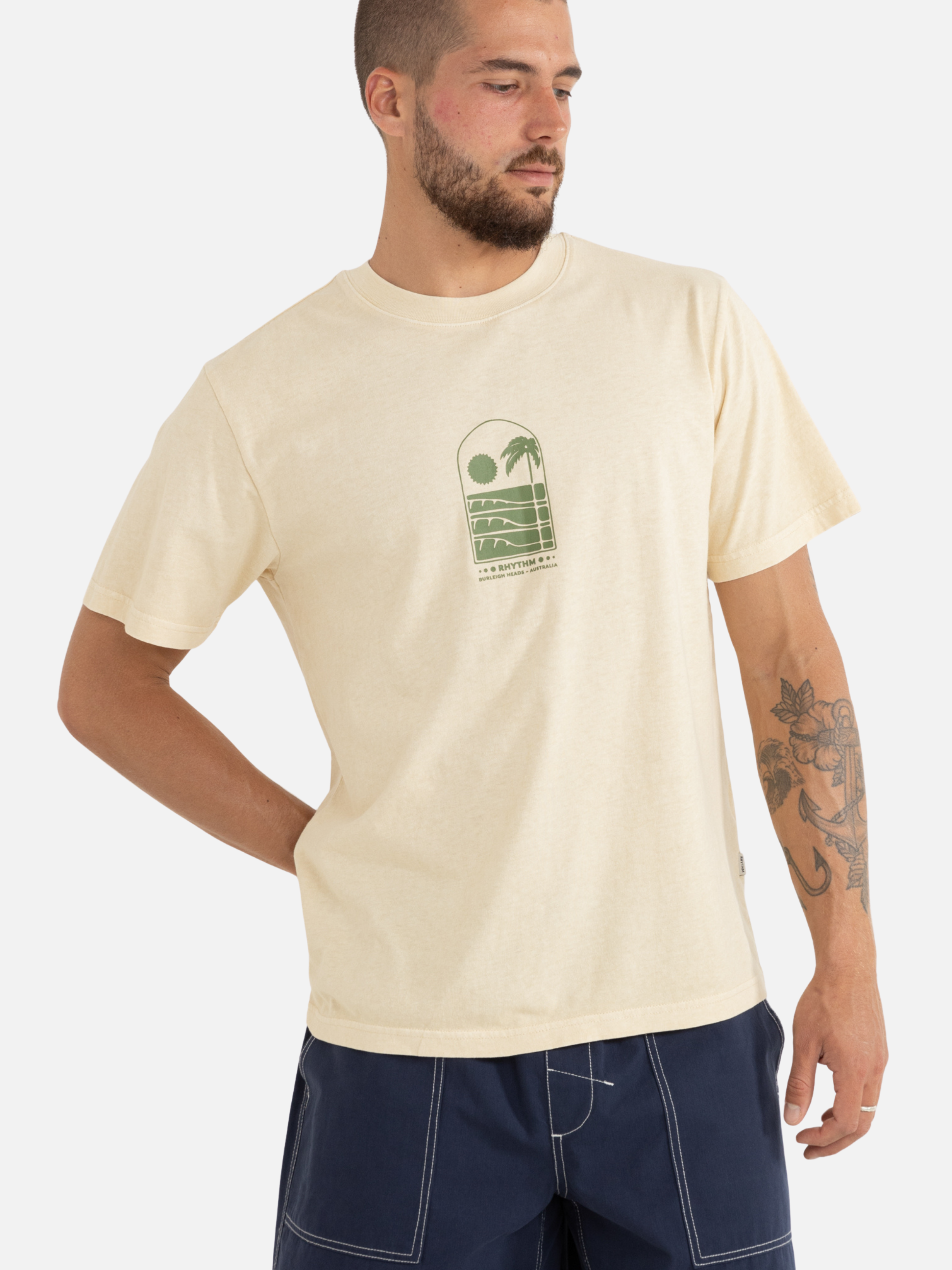 Rhythm Portal Vintage T-Shirt Graphic Tee Shirt Natural Cream Chest Print SS Short Sleeve Men’s Tops for Men Athens GA Georgia Kempt Menswear Store Near Me