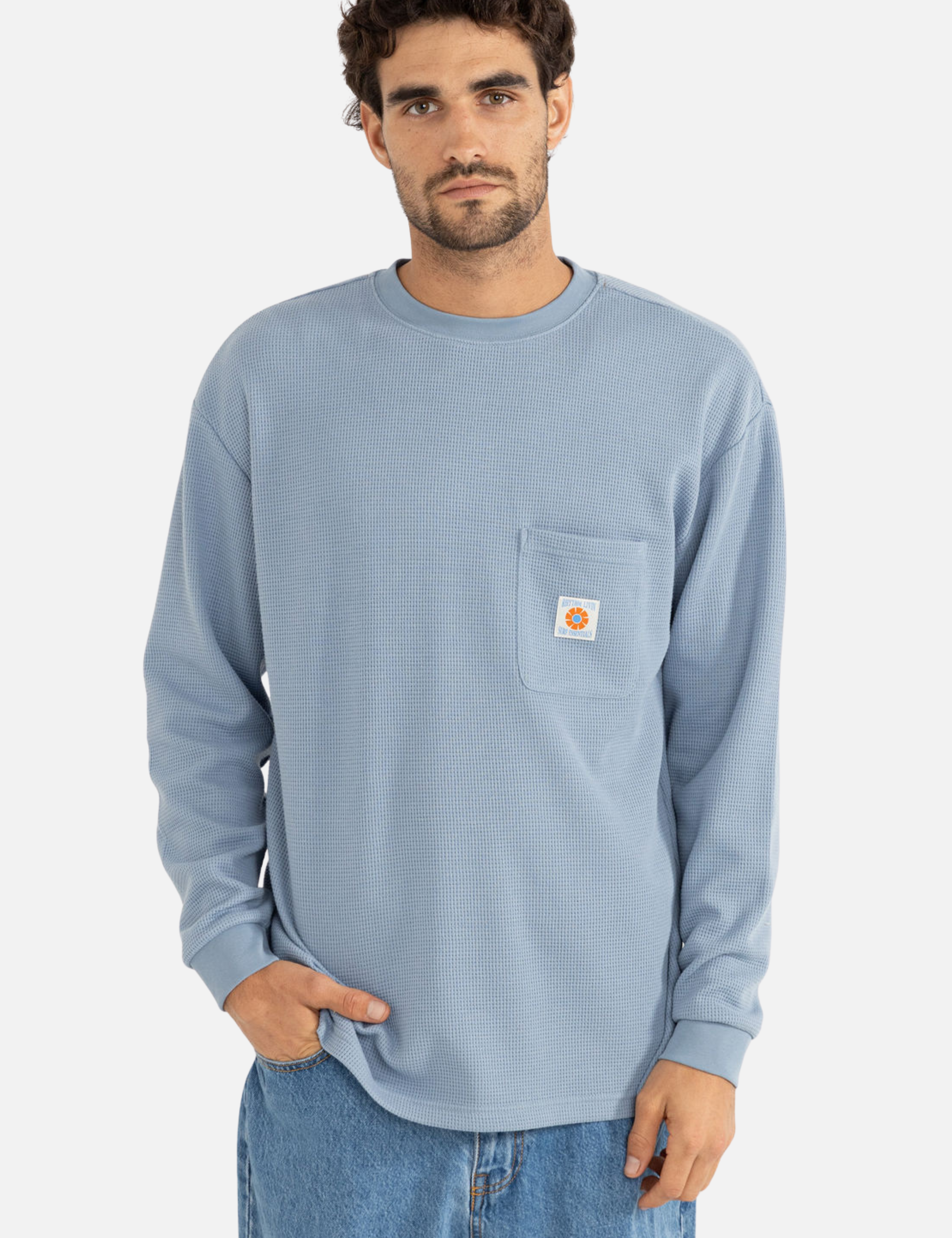 Rhythm Vintage Pocket Front LS Long Sleeve Waffle Knit Texture Knitted Men’s Tops for Men Slate Blue Grey Gray Athens GA Georgia Kempt Menswear Store Near Me