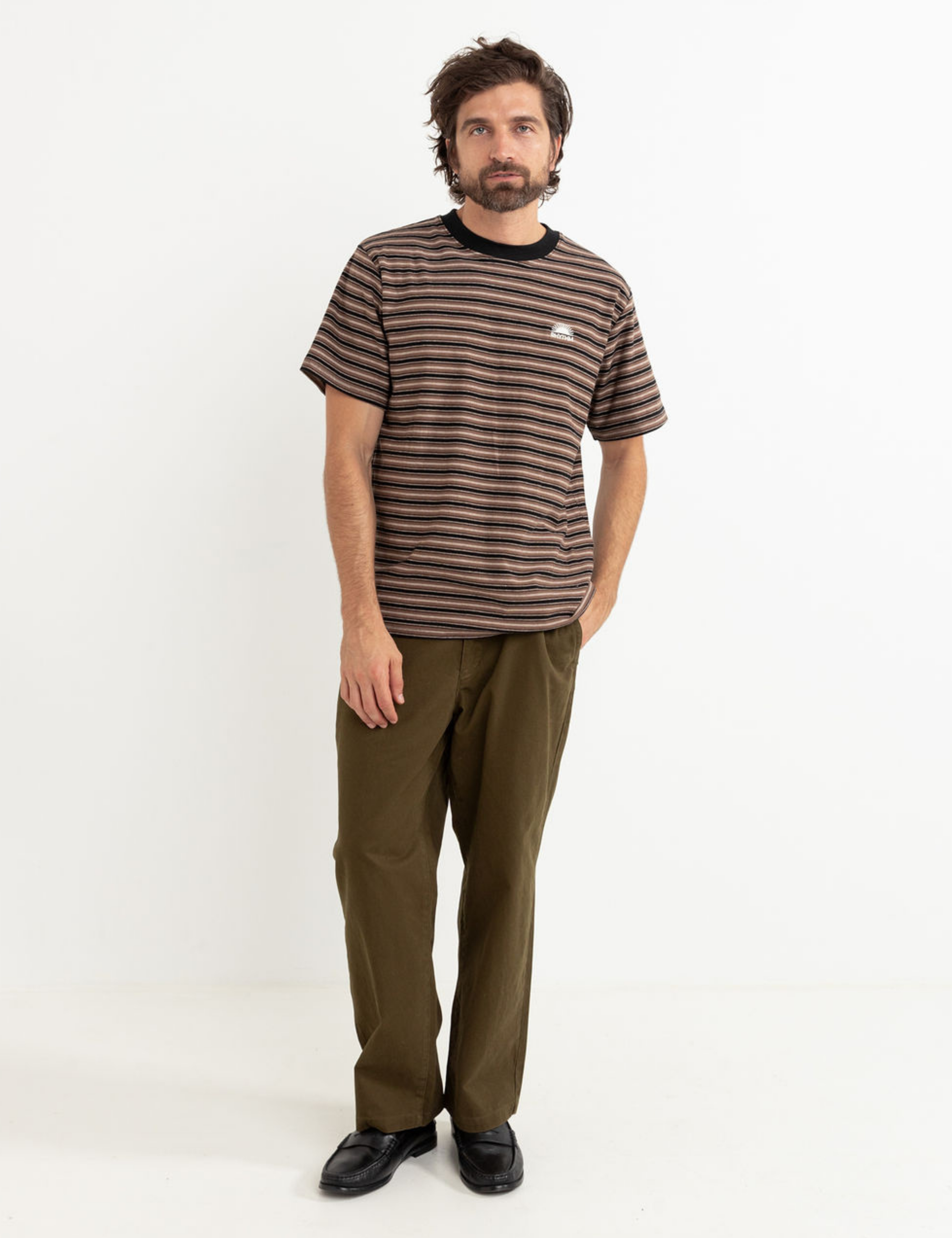 Rhythm Vintage Stripe SS Short Sleeve T-Shirt Tee Men’s Tops for Men Brown Black Cream Latte Athens GA Georgia Kempt Menswear Store Near Me