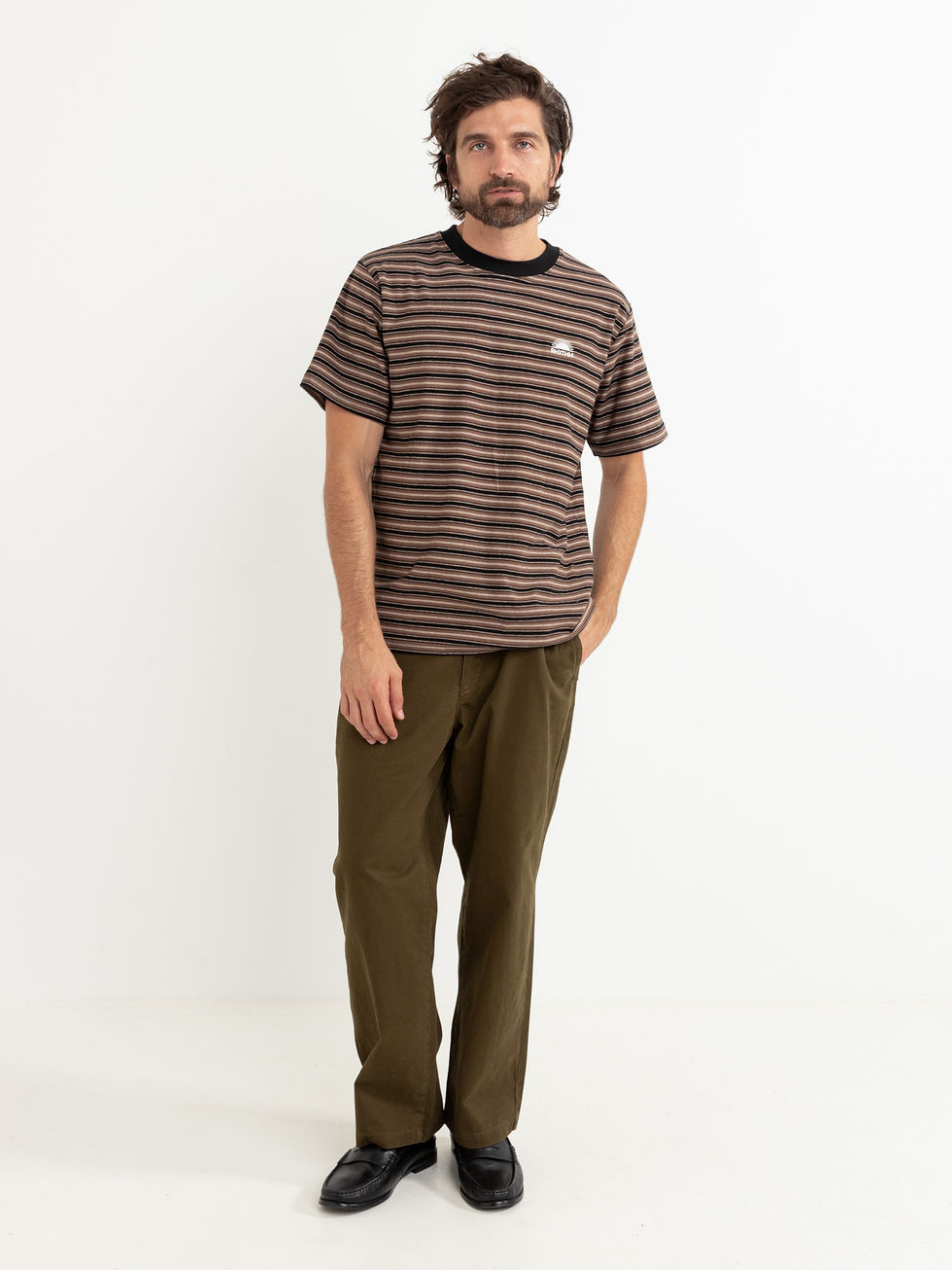 Rhythm Vintage Stripe SS Short Sleeve T-Shirt Tee Men’s Tops for Men Brown Black Cream Latte Athens GA Georgia Kempt Menswear Store Near Me