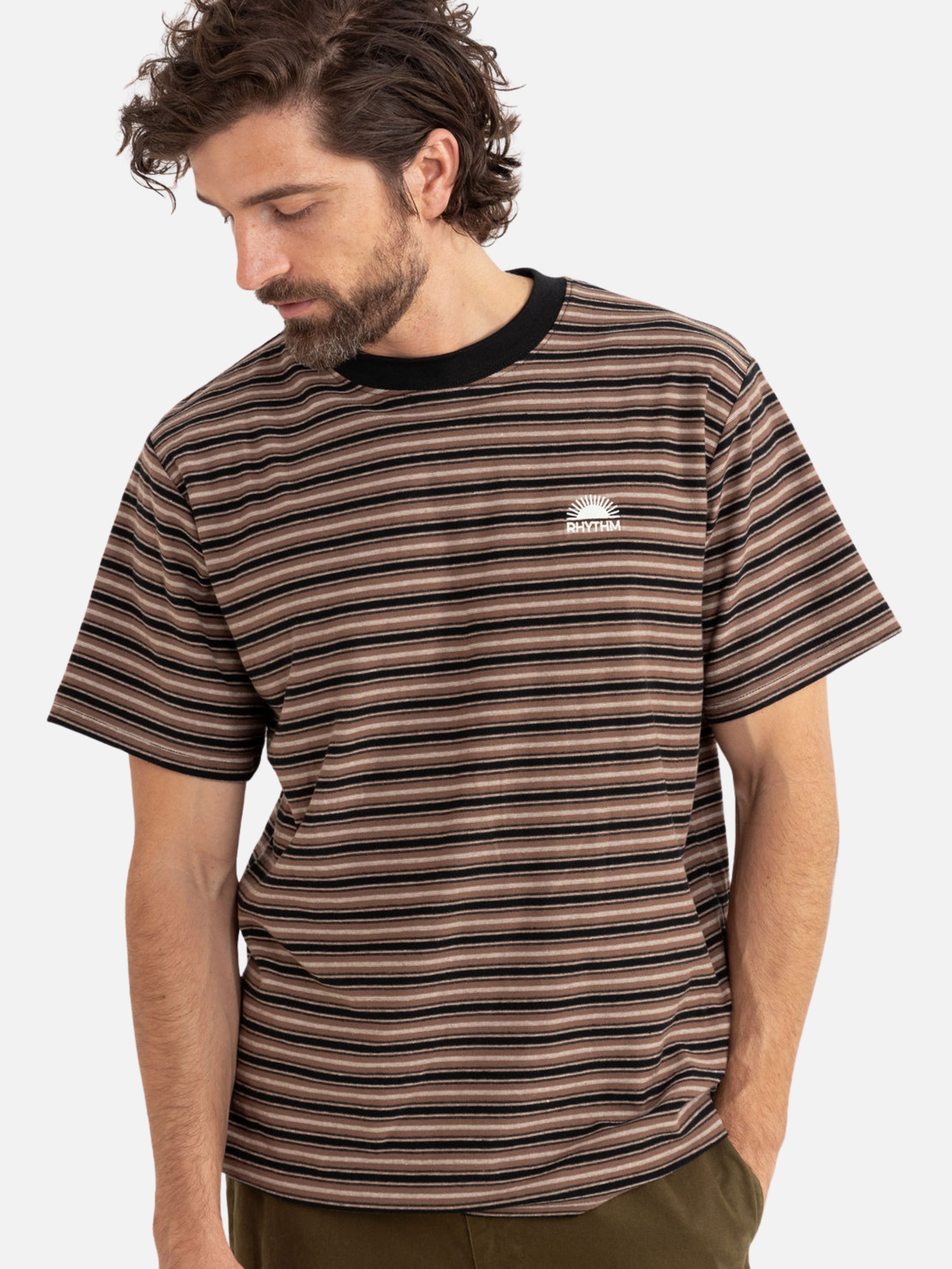 Rhythm Vintage Stripe SS Short Sleeve T-Shirt Tee Men’s Tops for Men Brown Black Cream Latte Athens GA Georgia Kempt Menswear Store Near Me