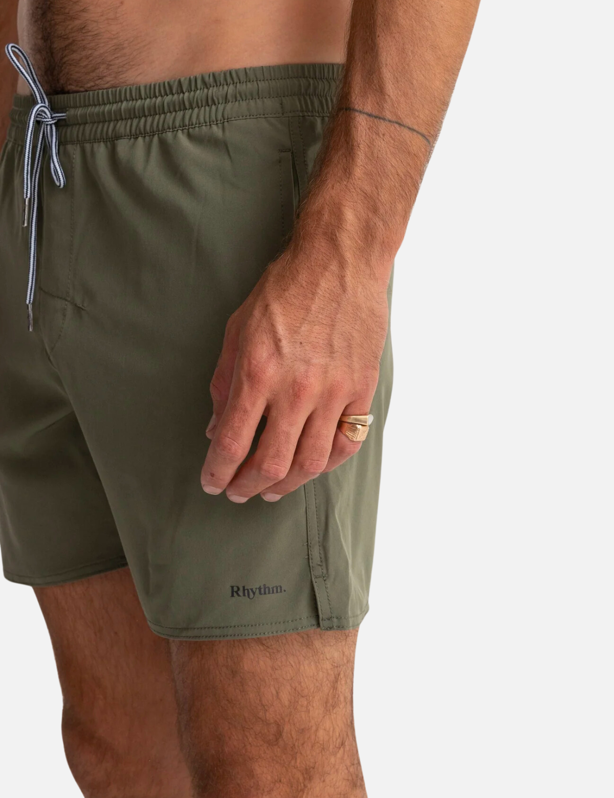 rhythm classic beach short olive green drawstring elastic waistband spandex polyester blend swim trunk kempt athens ga georgia men's clothing store