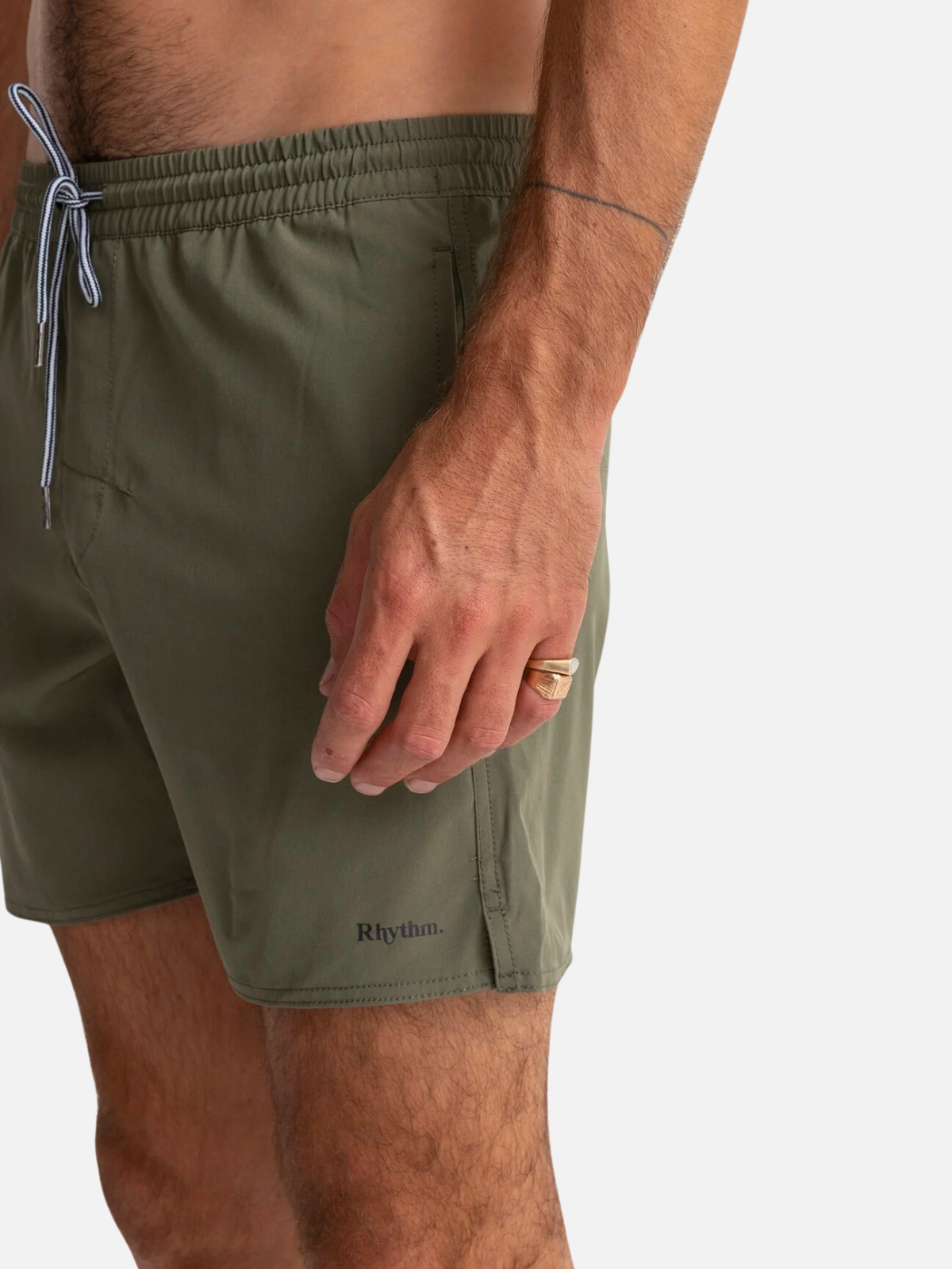 rhythm classic beach short olive green drawstring elastic waistband spandex polyester blend swim trunk kempt athens ga georgia men's clothing store