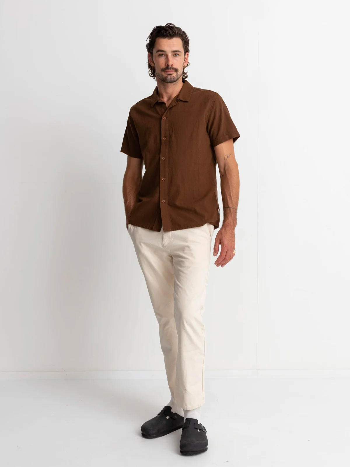 rhythm classic linen ss short sleeve shirt chocolate brown button up cotton linen blend kempt athens ga georgia men's clothing store