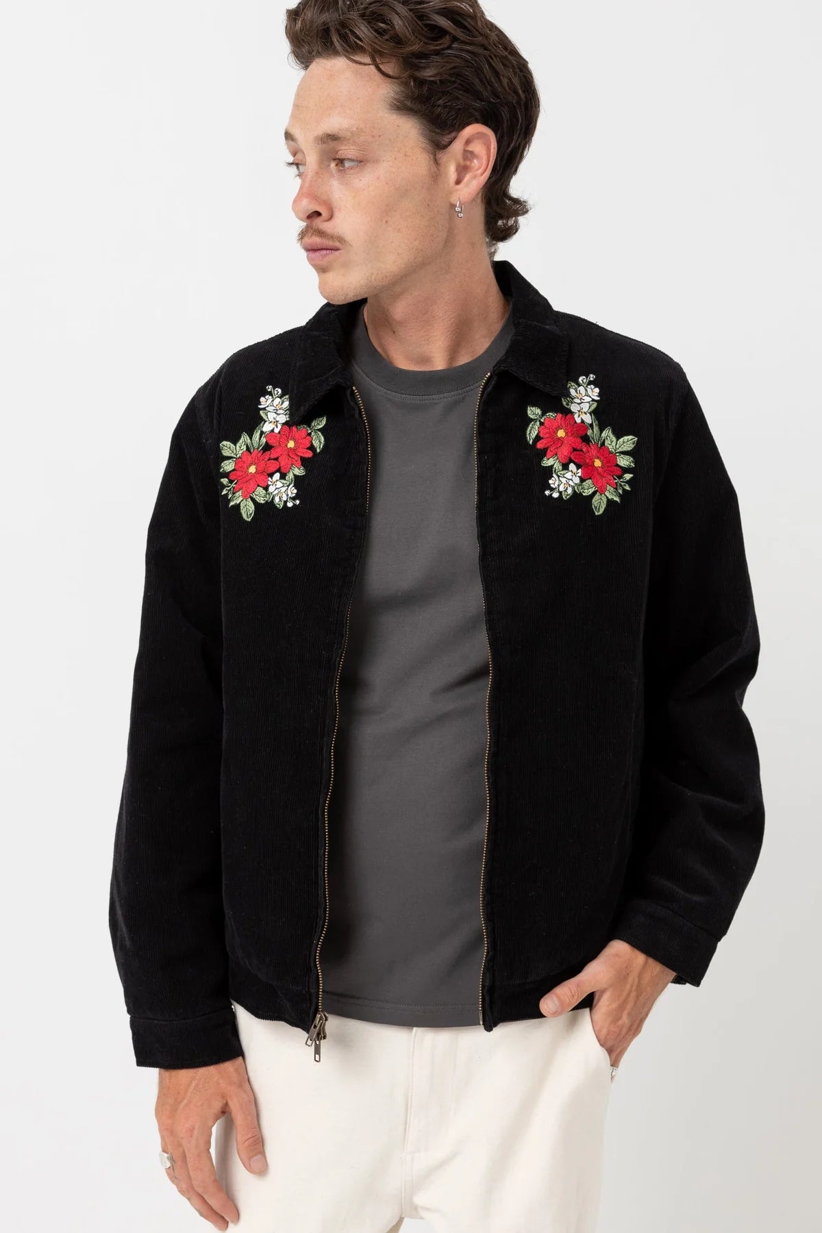 rhythm cord james jacket zip up black floral print embroidered stitch kempt athens ga mens clothing store downtown athens ga