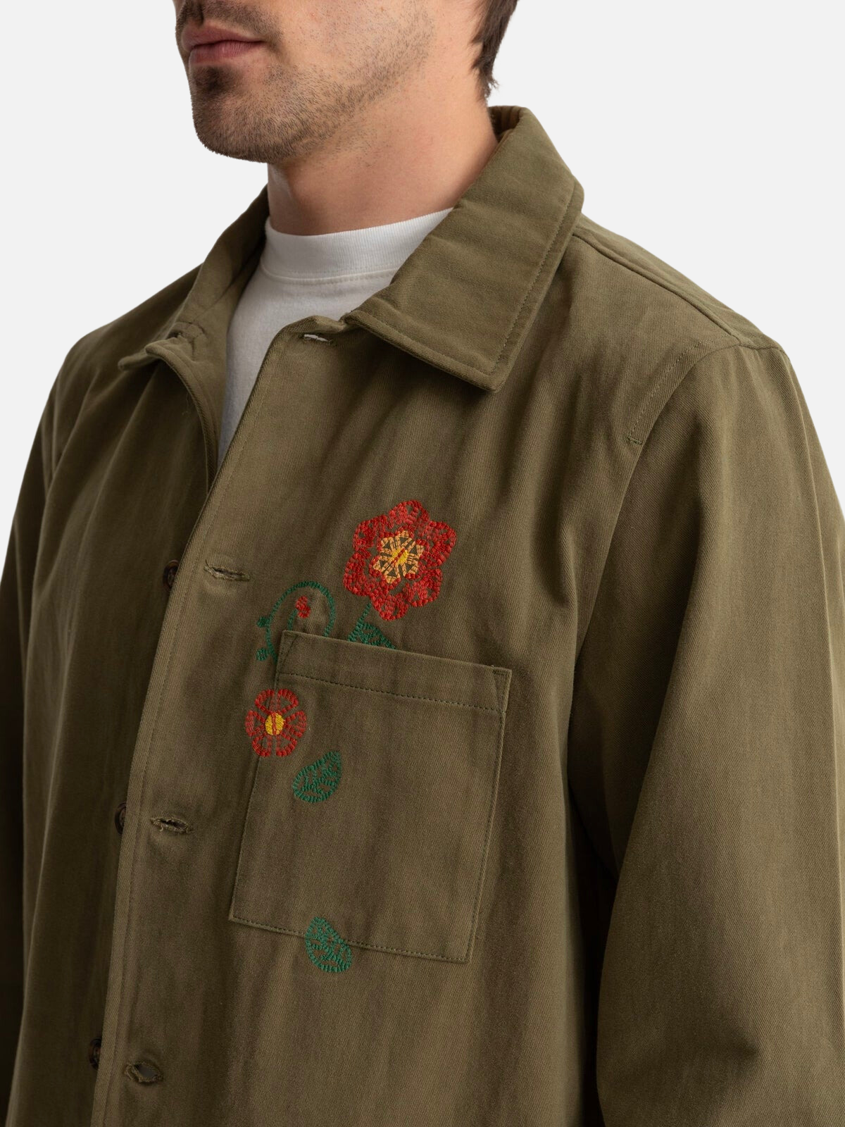 rhythm flower cpo overshirt olive floral embroidery stitching 100% cotton kempt athens ga georgia men's clothing store