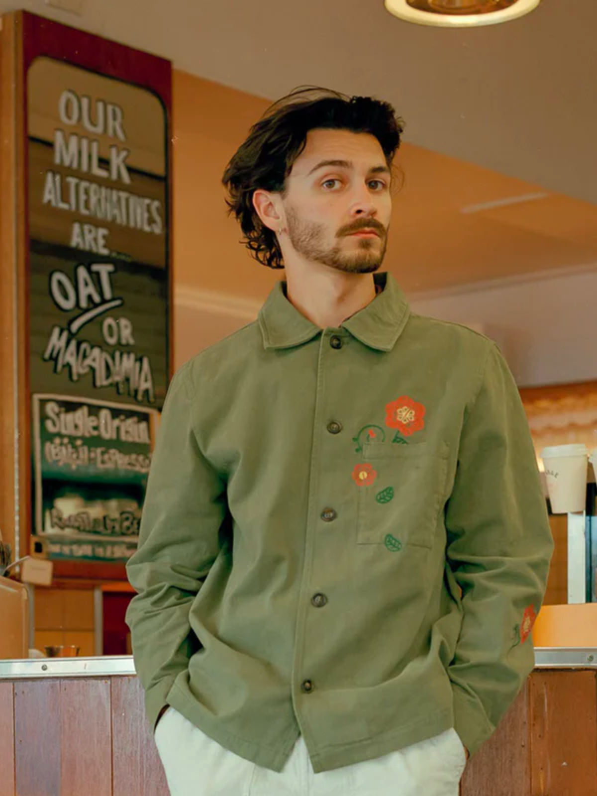 rhythm flower cpo overshirt olive floral embroidery stitching 100% cotton kempt athens ga georgia men's clothing store