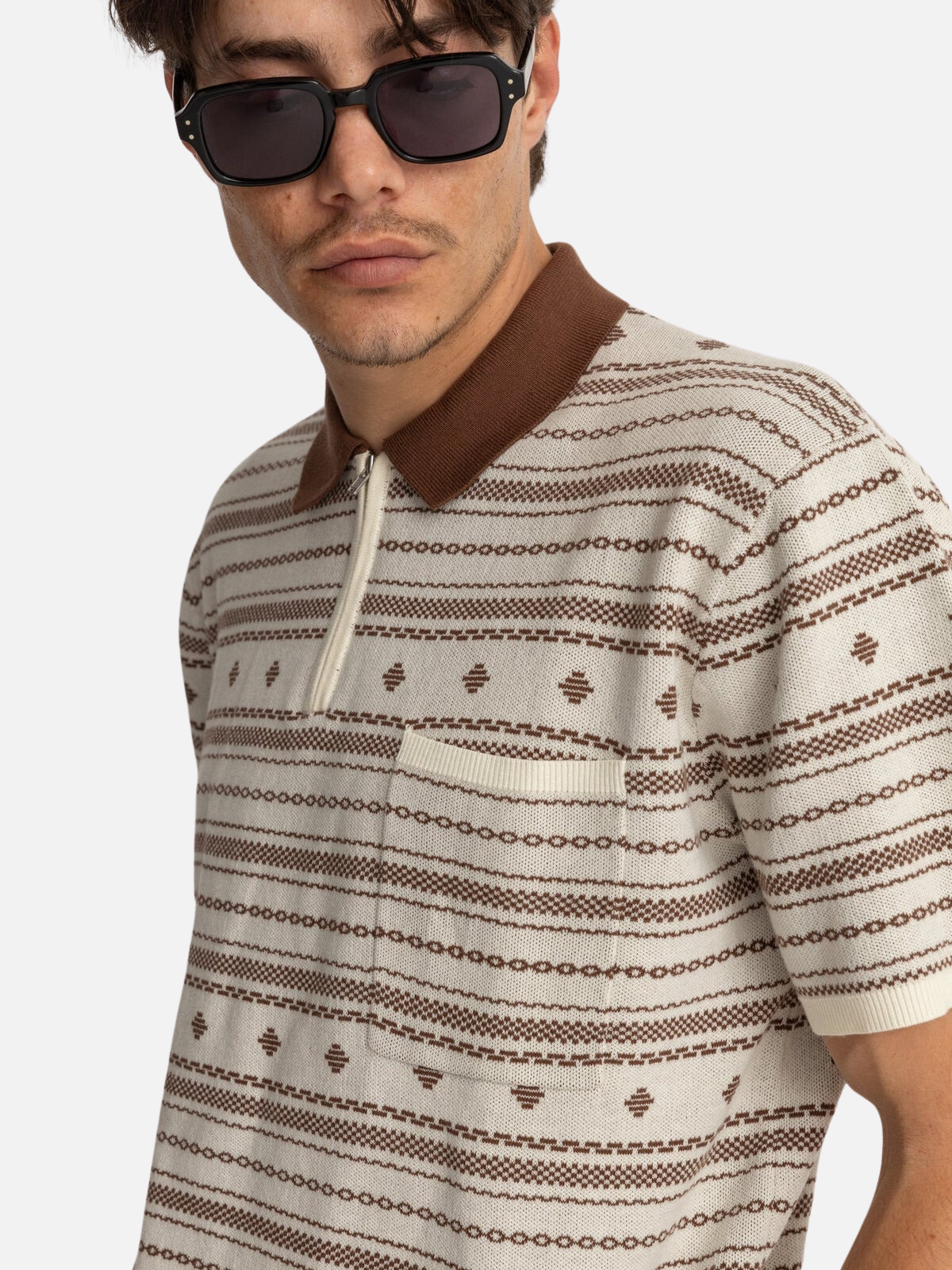 rhythm jacquard ss short sleeve knit sweater polo natural cream brown tan geometric pattern kempt athens ga georgia men's clothing store