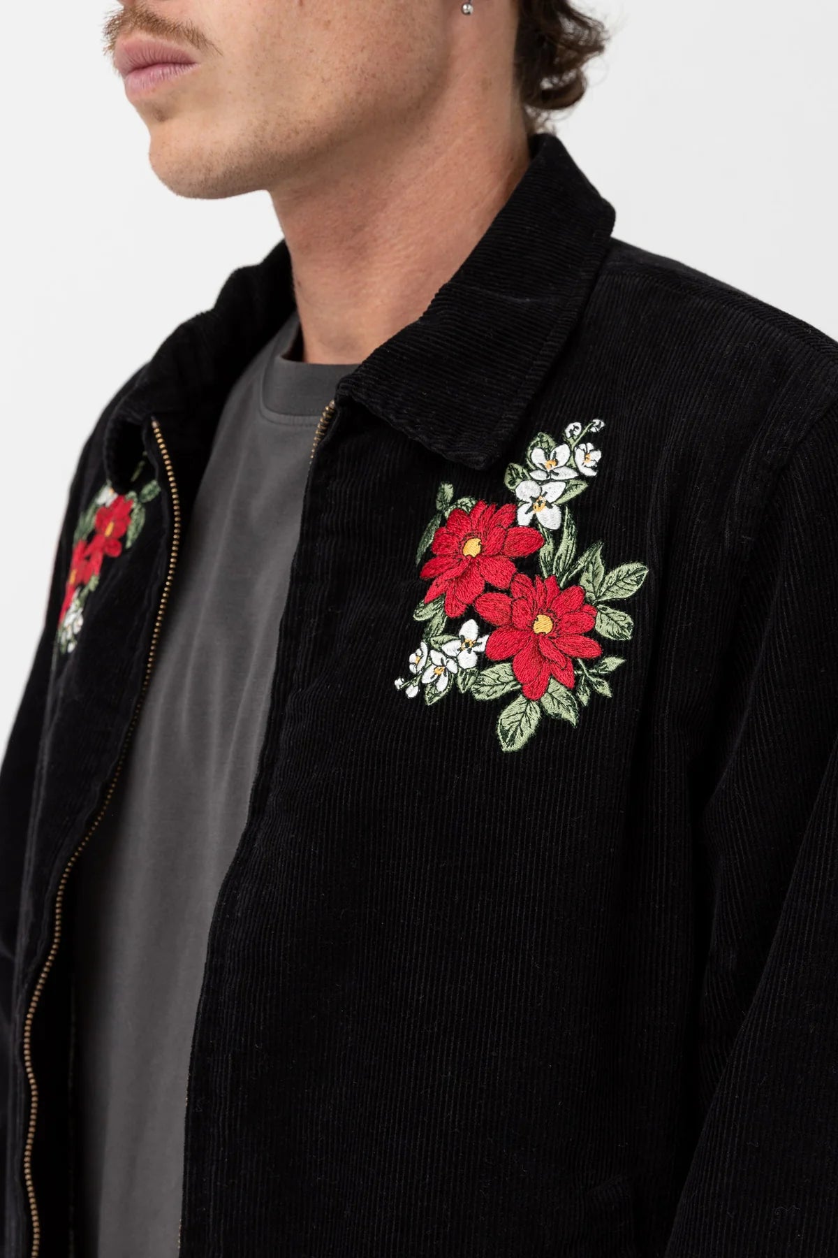 rhythm cord james jacket zip up black floral print embroidered stitch kempt athens ga mens clothing store downtown athens ga