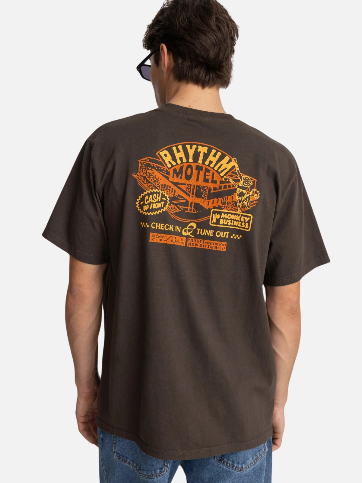 rhythm motel vintage tee vintage black yellow gold orange white cream printed graphic t-shirt 100% cotton kempt athens ga georgia men's clothing store