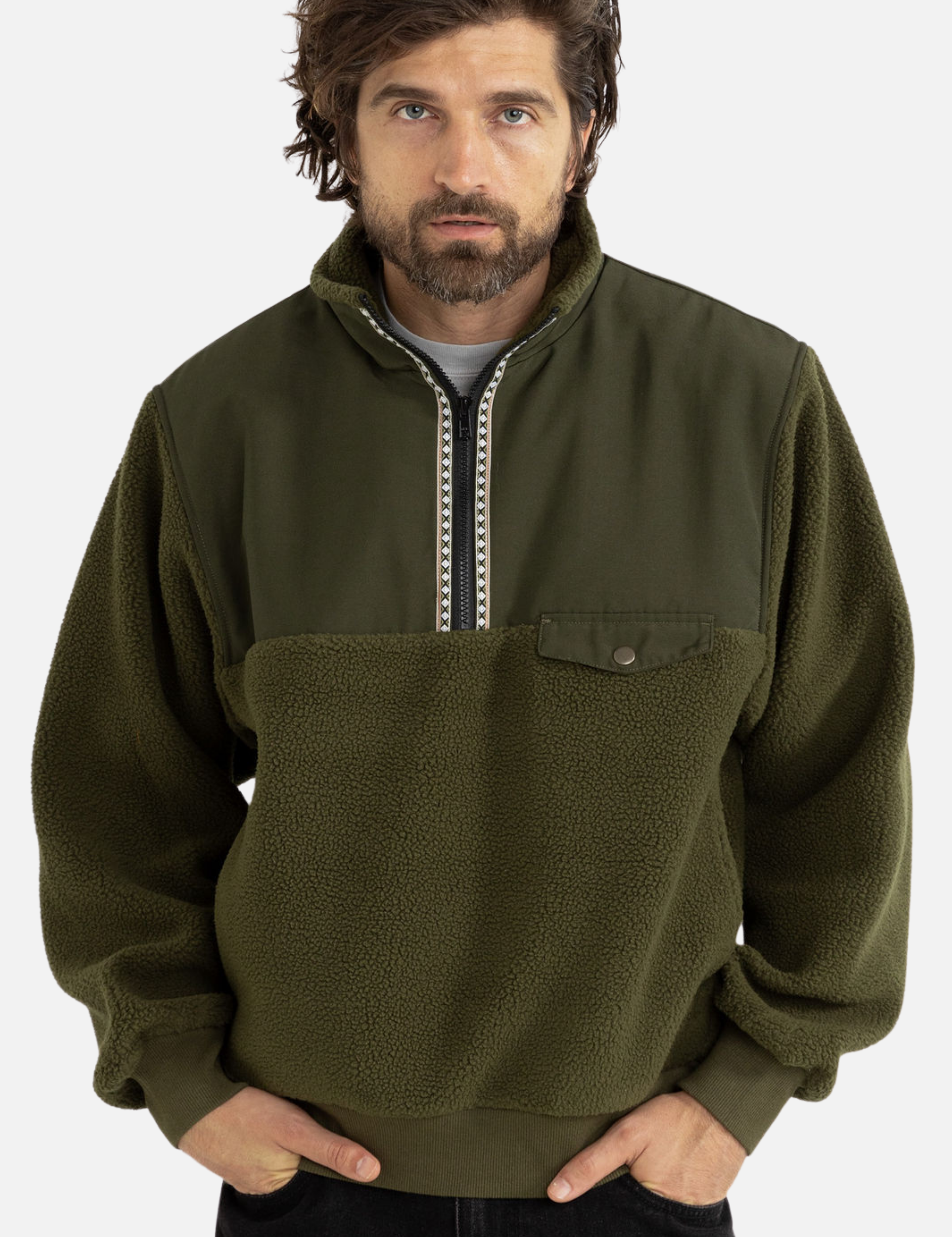 Rhythm Livin Pfeiffer Sherpa Fleece  Pullover Olive Green Men's LS Long Sleeve Half-Zip For Men Athens GA Georgia Kempt Menswear Store Near Me