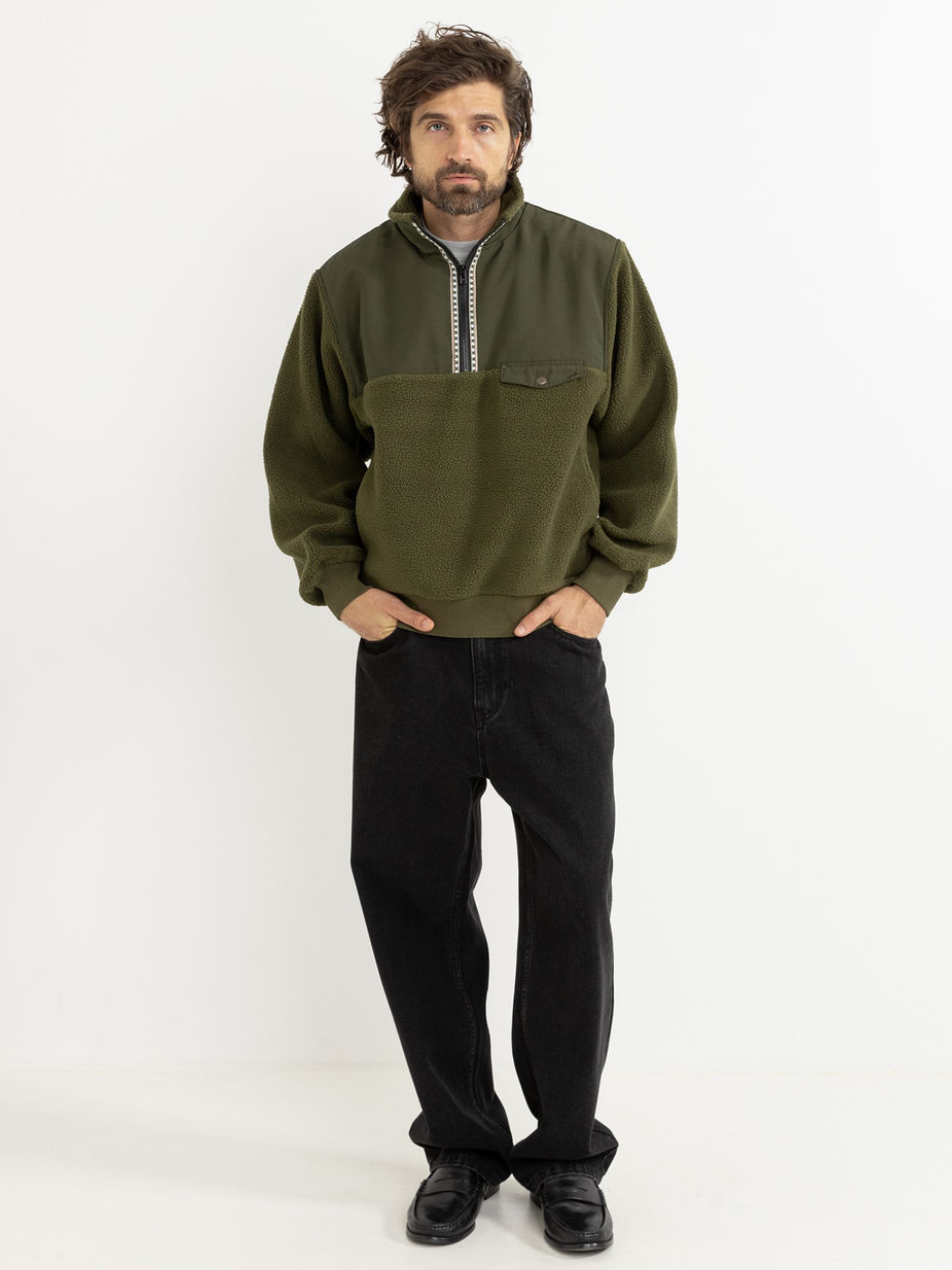 Rhythm Livin Pfeiffer Sherpa Fleece  Pullover Olive Green Men's LS Long Sleeve Half-Zip For Men Athens GA Georgia Kempt Menswear Store Near Me