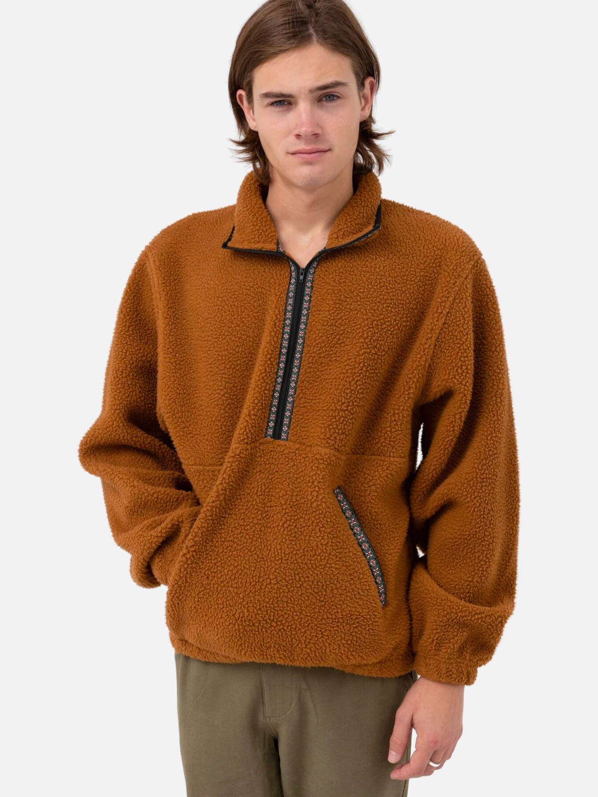 rhythm sherpa pullover half zip jacket sweatshirt ochre tobacco brown kangaroo pocket elastic cuff kempt athens ga georgia men's clothing store