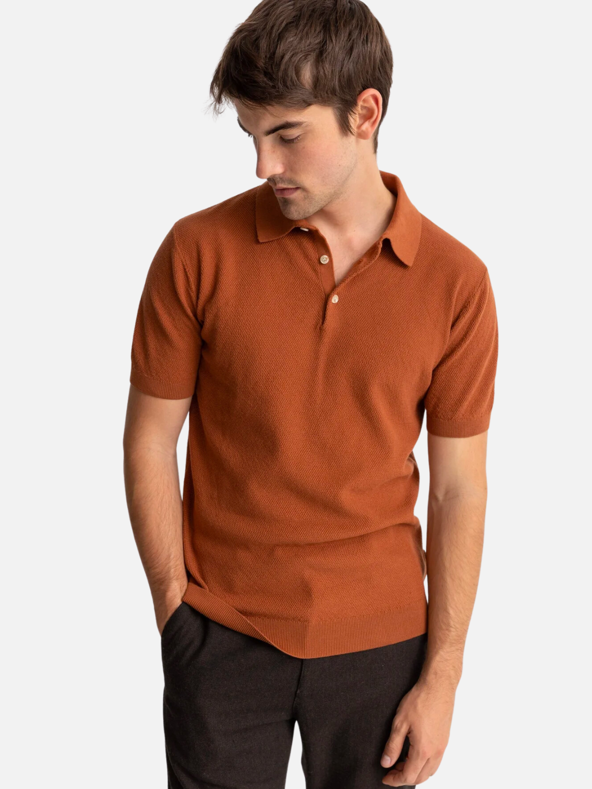 rhythm textured knit ss short sleeve sweater polo clay burnt orange 100% cotton kempt athens ga georgia men's clothing store