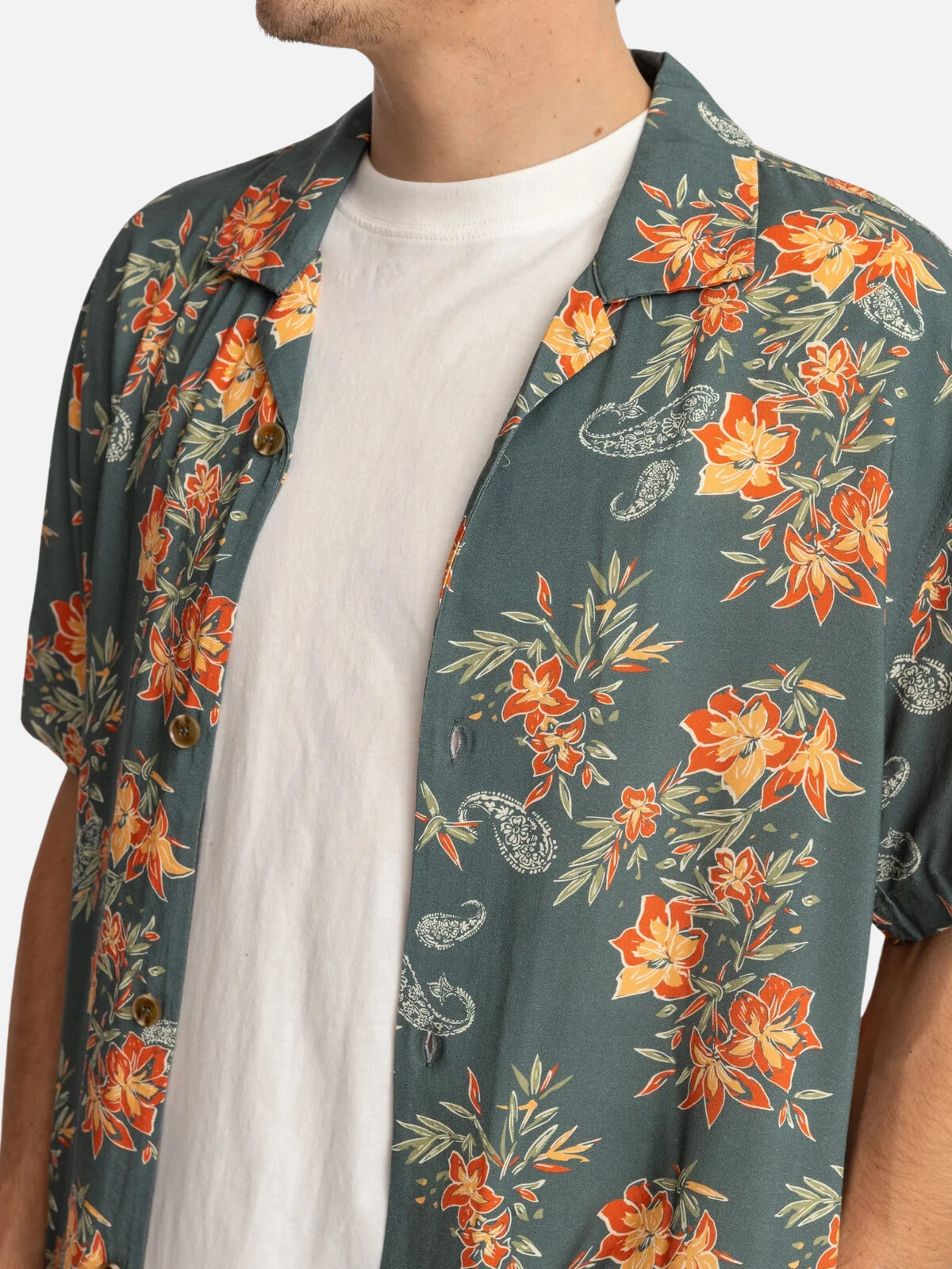 rhythm tropical paisley cuban ss short sleeve collared shirt 100% rayon pine green oran yellow floral design kempt athens ga georgia men's clothing store\