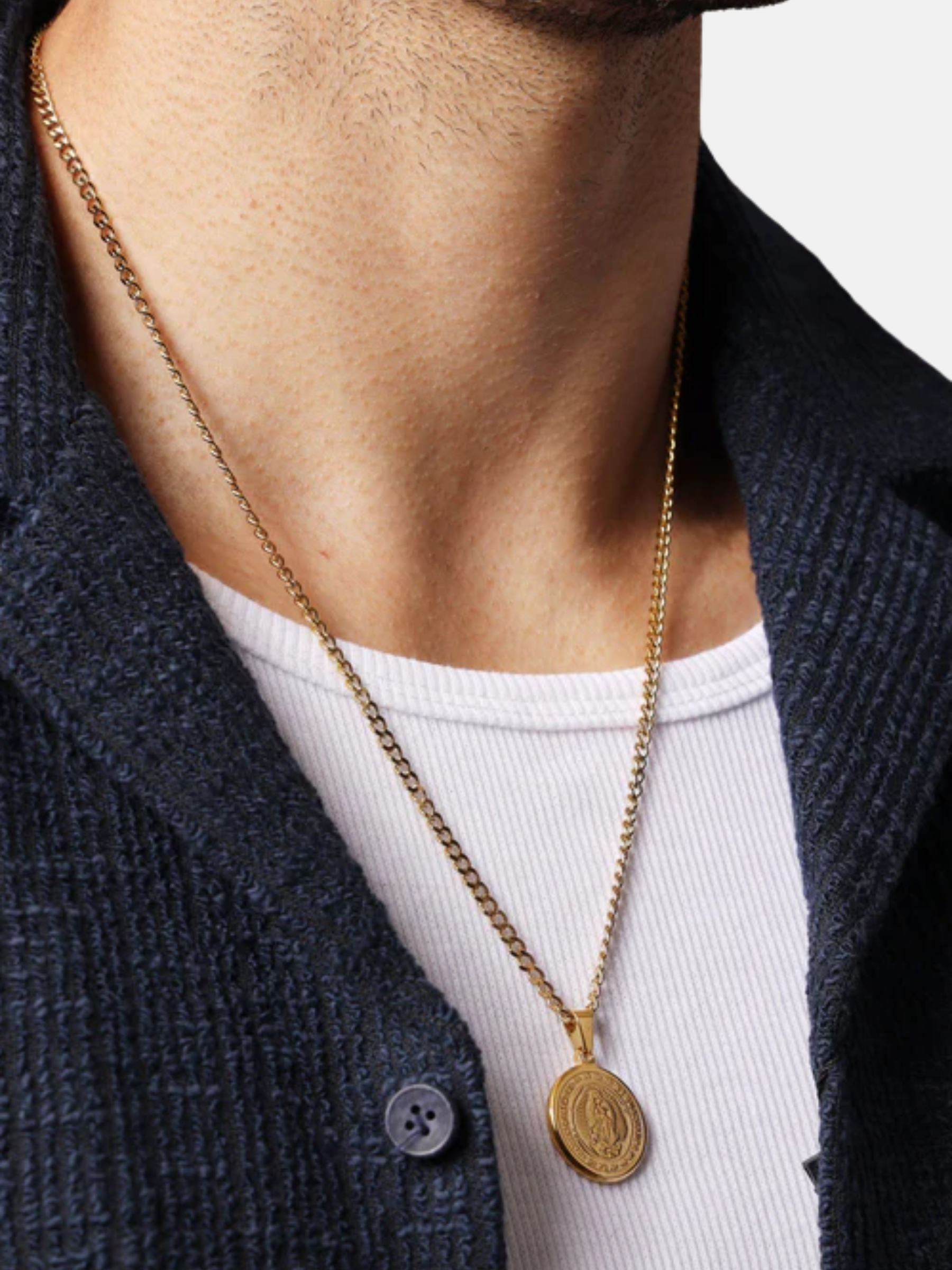 We Are All Smith Round Virgen de Guadalupe 14k Gold Plated Necklace 20" Inch Men's Pendant Cuban Chain Accessory For Men Athens GA Georgia Kempt Menswear Store Near Me