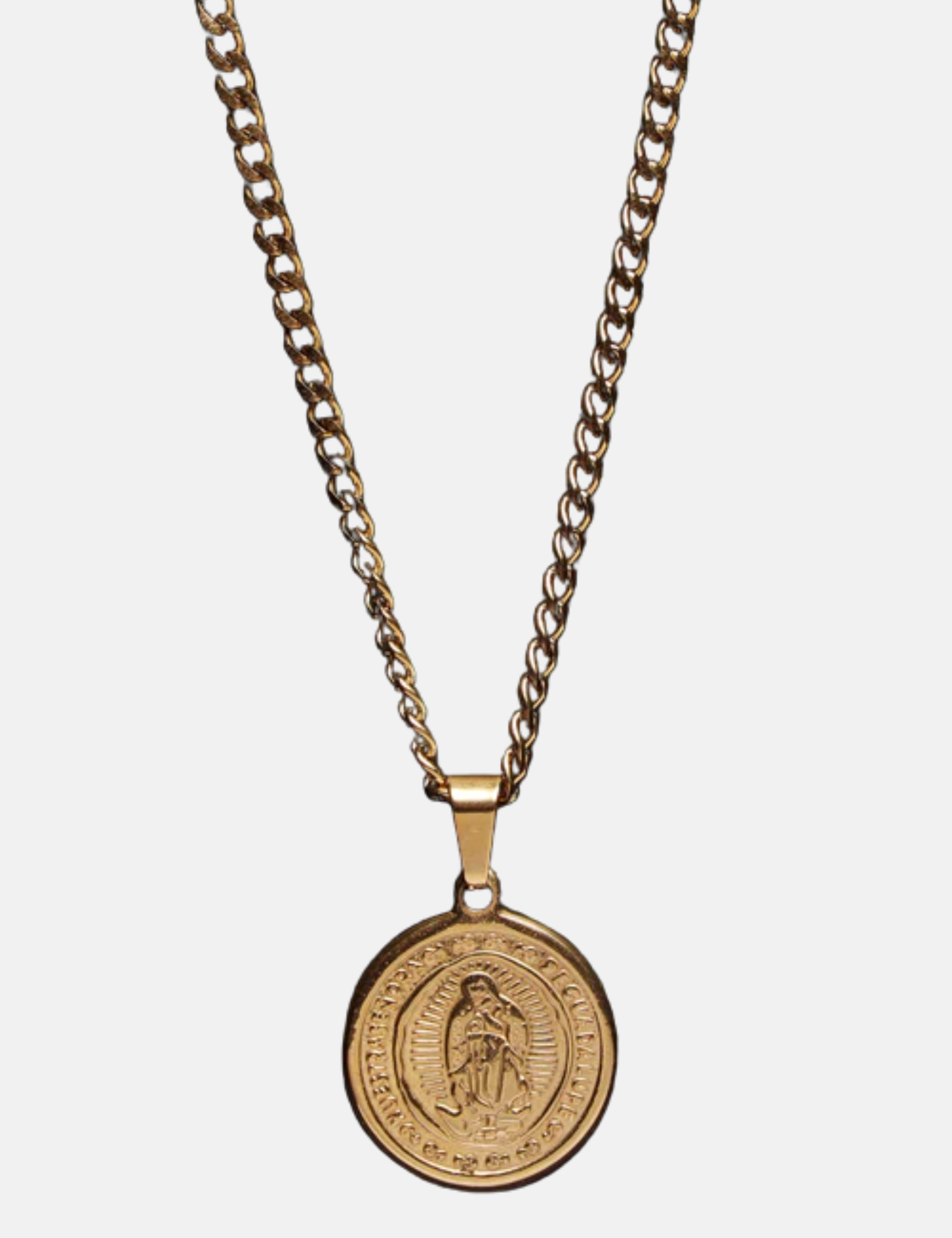We Are All Smith Round Virgen de Guadalupe 14k Gold Plated Necklace 20" Inch Men's Pendant Cuban Chain Accessory For Men Athens GA Georgia Kempt Menswear Store Near Me
