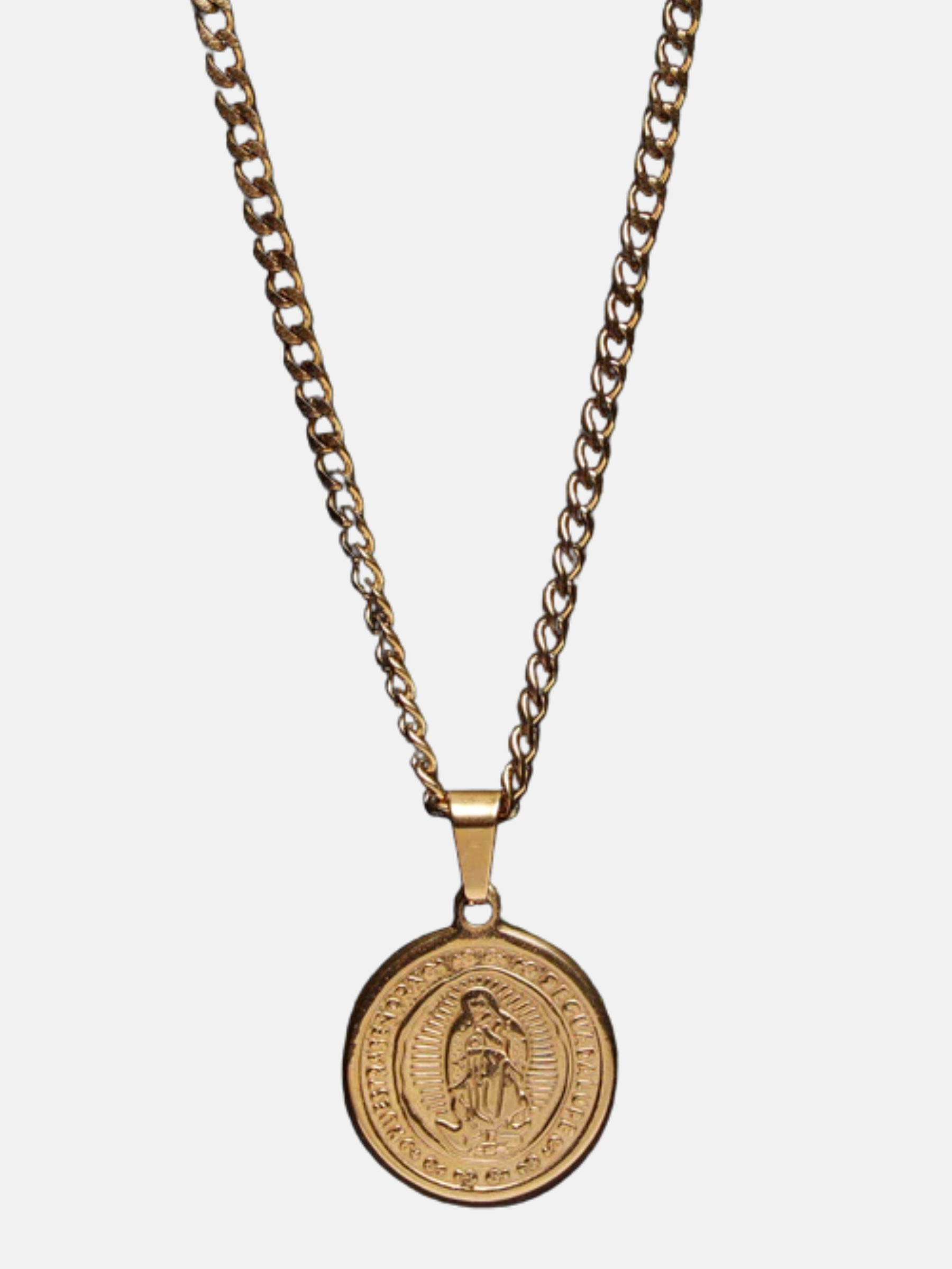 We Are All Smith Round Virgen de Guadalupe 14k Gold Plated Necklace 20" Inch Men's Pendant Cuban Chain Accessory For Men Athens GA Georgia Kempt Menswear Store Near Me