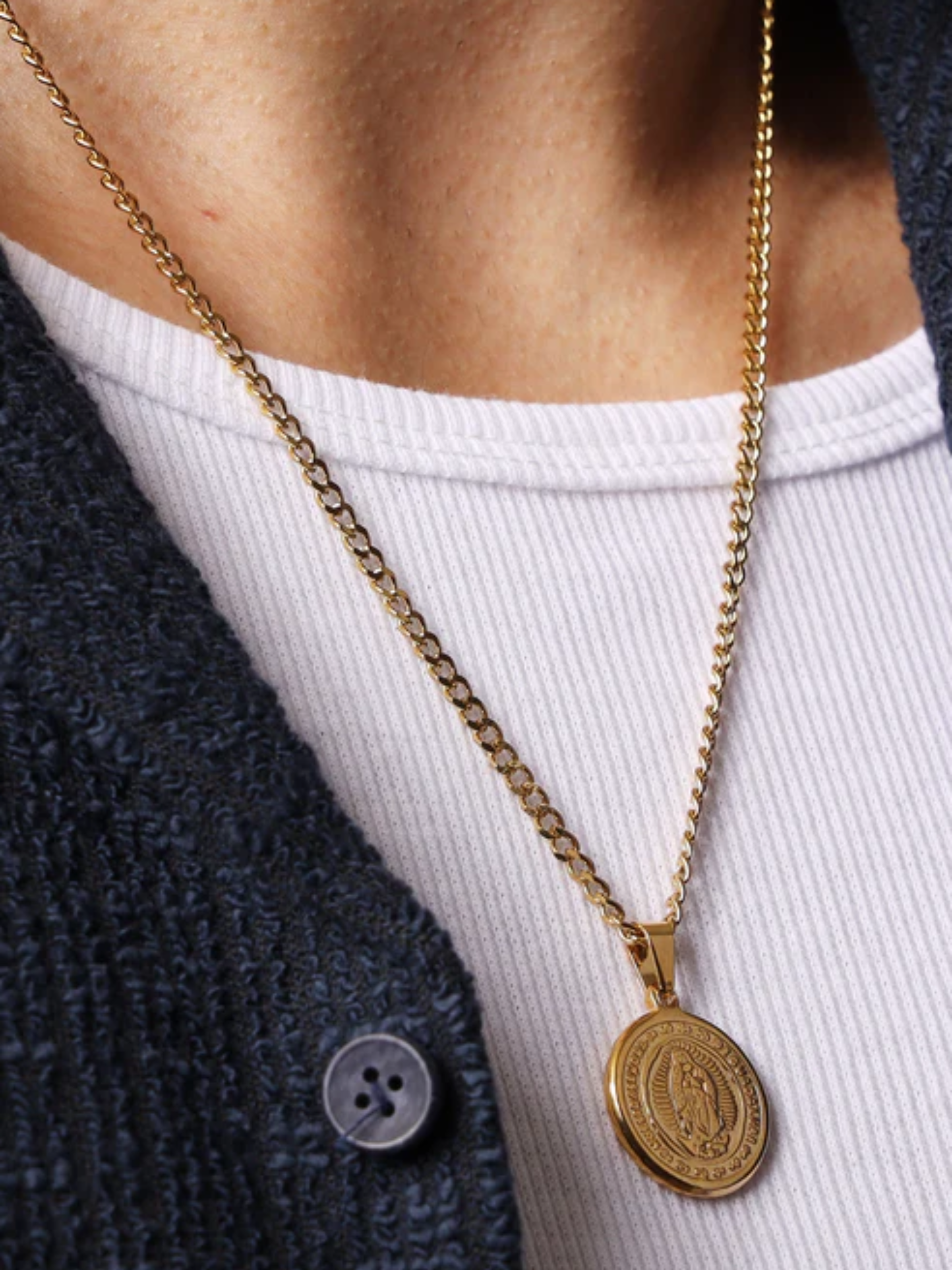 We Are All Smith Round Virgen de Guadalupe 14k Gold Plated Necklace 20" Inch Men's Pendant Cuban Chain Accessory For Men Athens GA Georgia Kempt Menswear Store Near Me