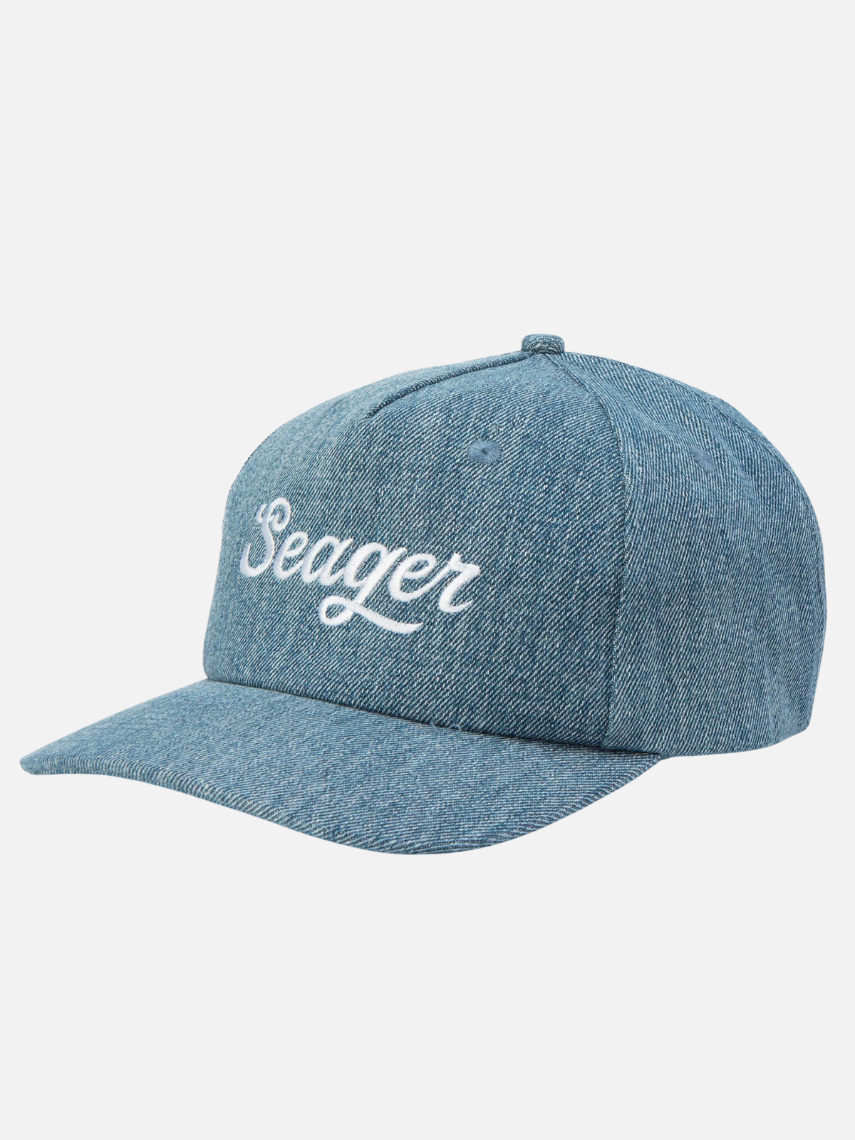 seager big denim snapback 100% cotton hat light wash indigo blue white embroidered seager logo kempt athens ga georgia men's clothing store