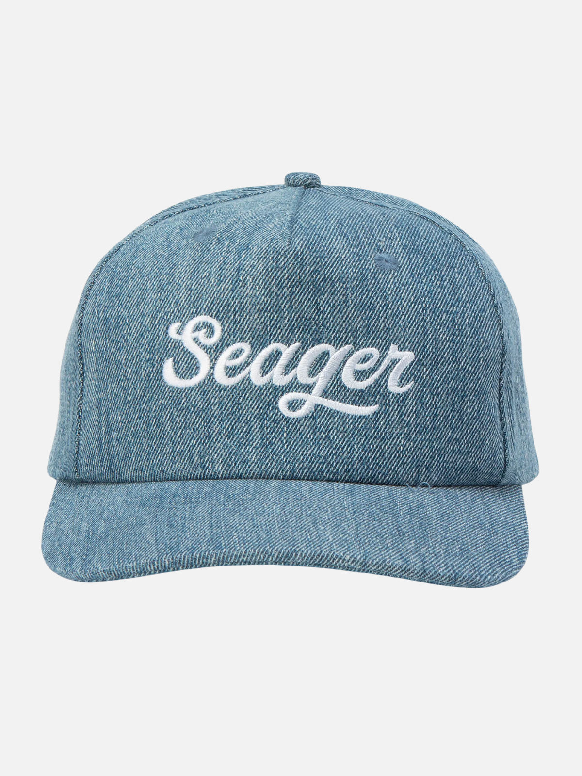 seager big denim snapback 100% cotton hat light wash indigo blue white embroidered seager logo kempt athens ga georgia men's clothing store